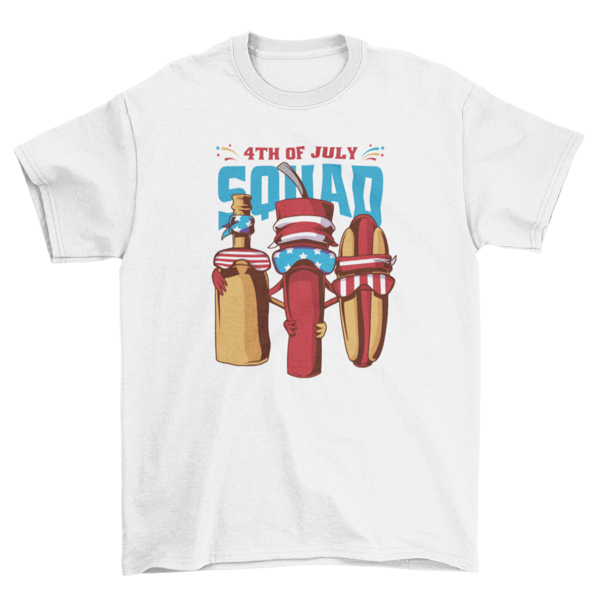 Fourth of July t-shirt featuring a hot dog and bottles with sunglasses, decorated with the American flag.