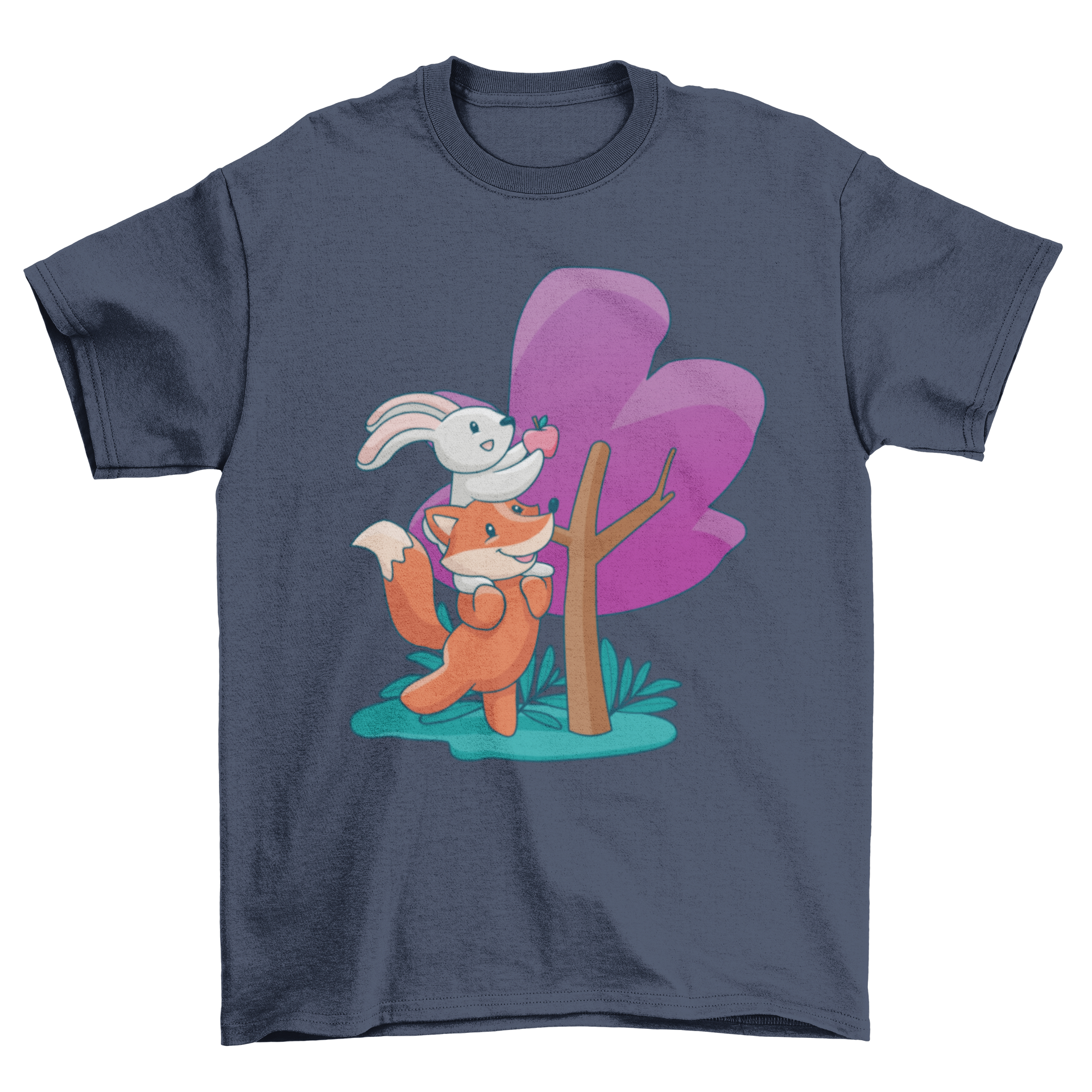 A colorful T-shirt design featuring a cute fox and bunny picking an apple from a tree, showcasing a playful and whimsical scene.