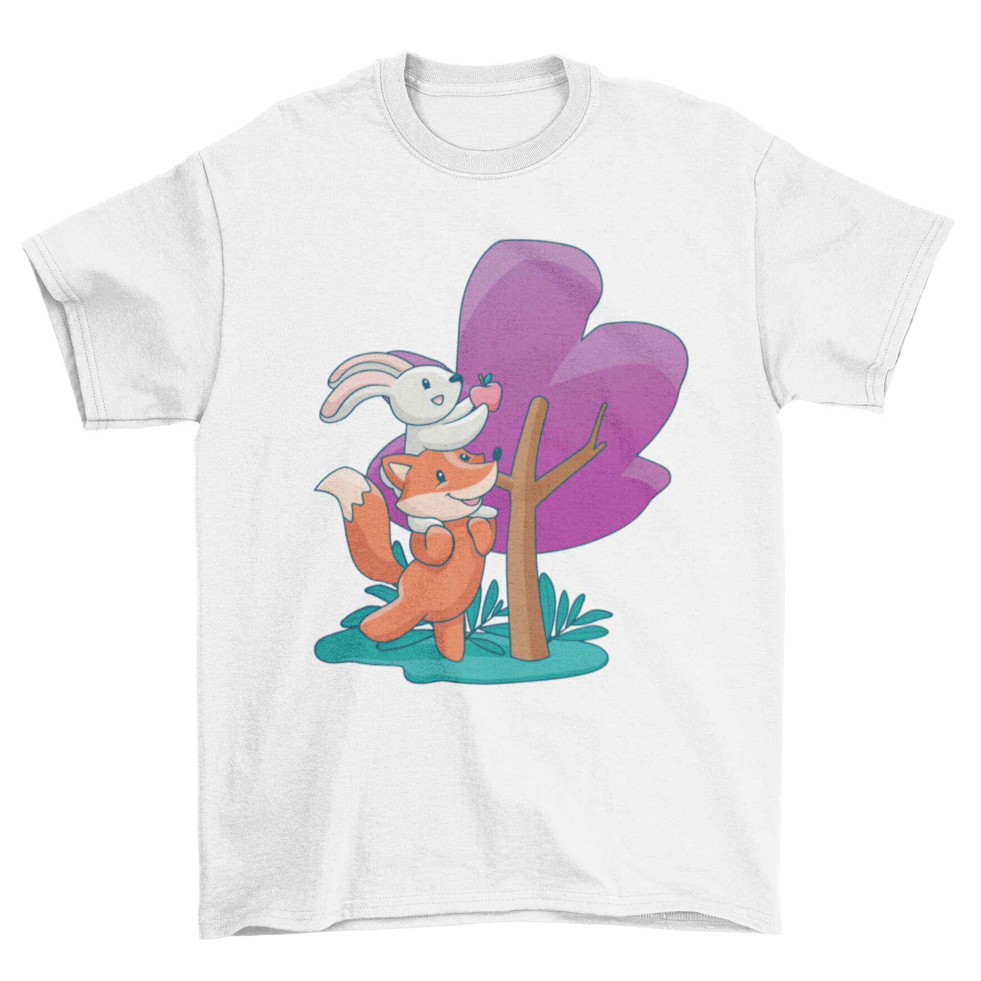 A colorful T-shirt design featuring a cute fox and bunny picking an apple from a tree, showcasing a playful and whimsical scene.