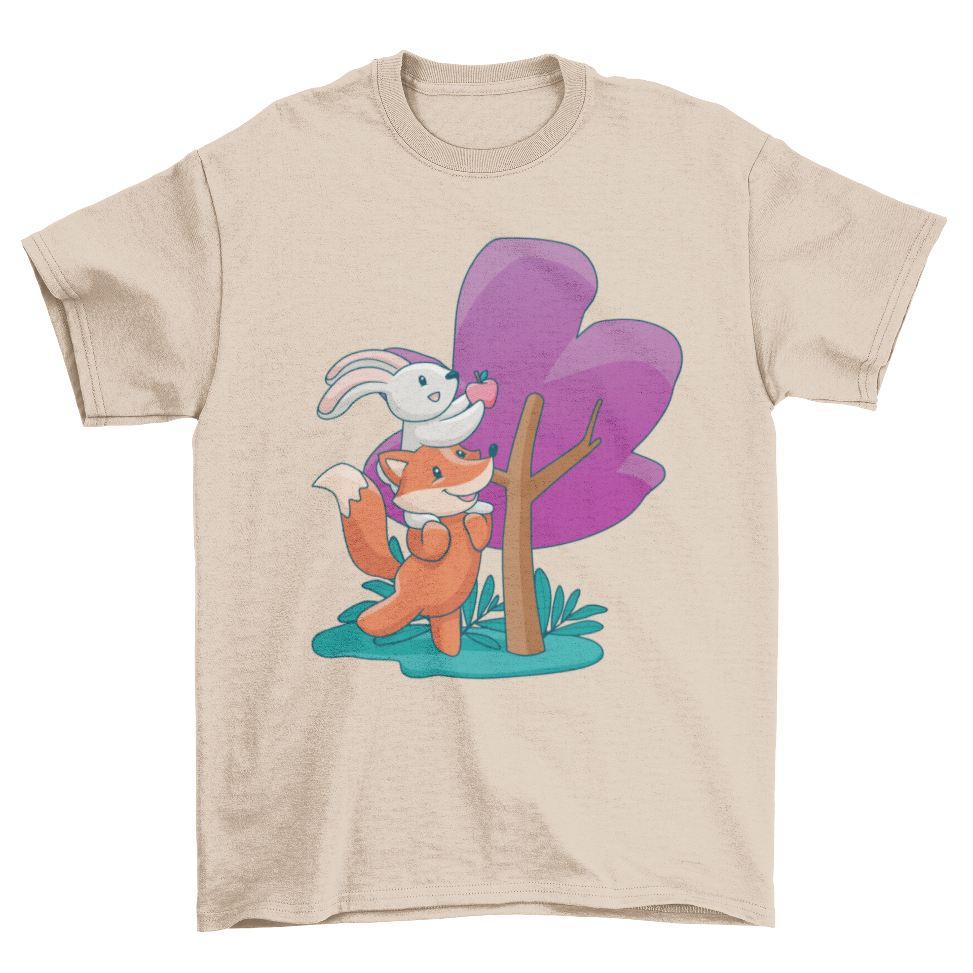 A colorful T-shirt design featuring a cute fox and bunny picking an apple from a tree, showcasing a playful and whimsical scene.