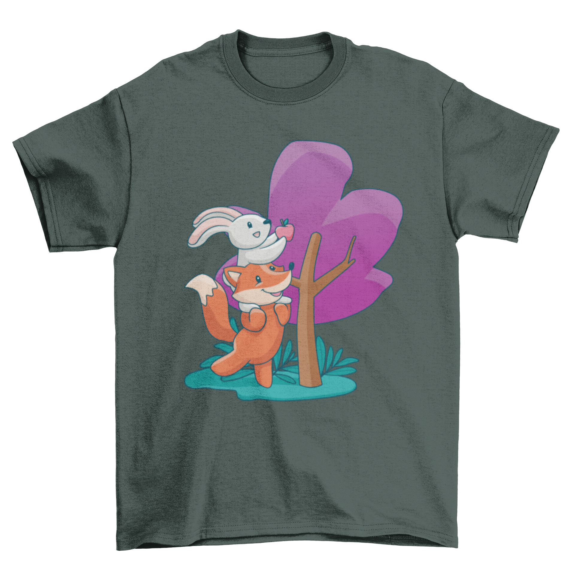 A colorful T-shirt design featuring a cute fox and bunny picking an apple from a tree, showcasing a playful and whimsical scene.