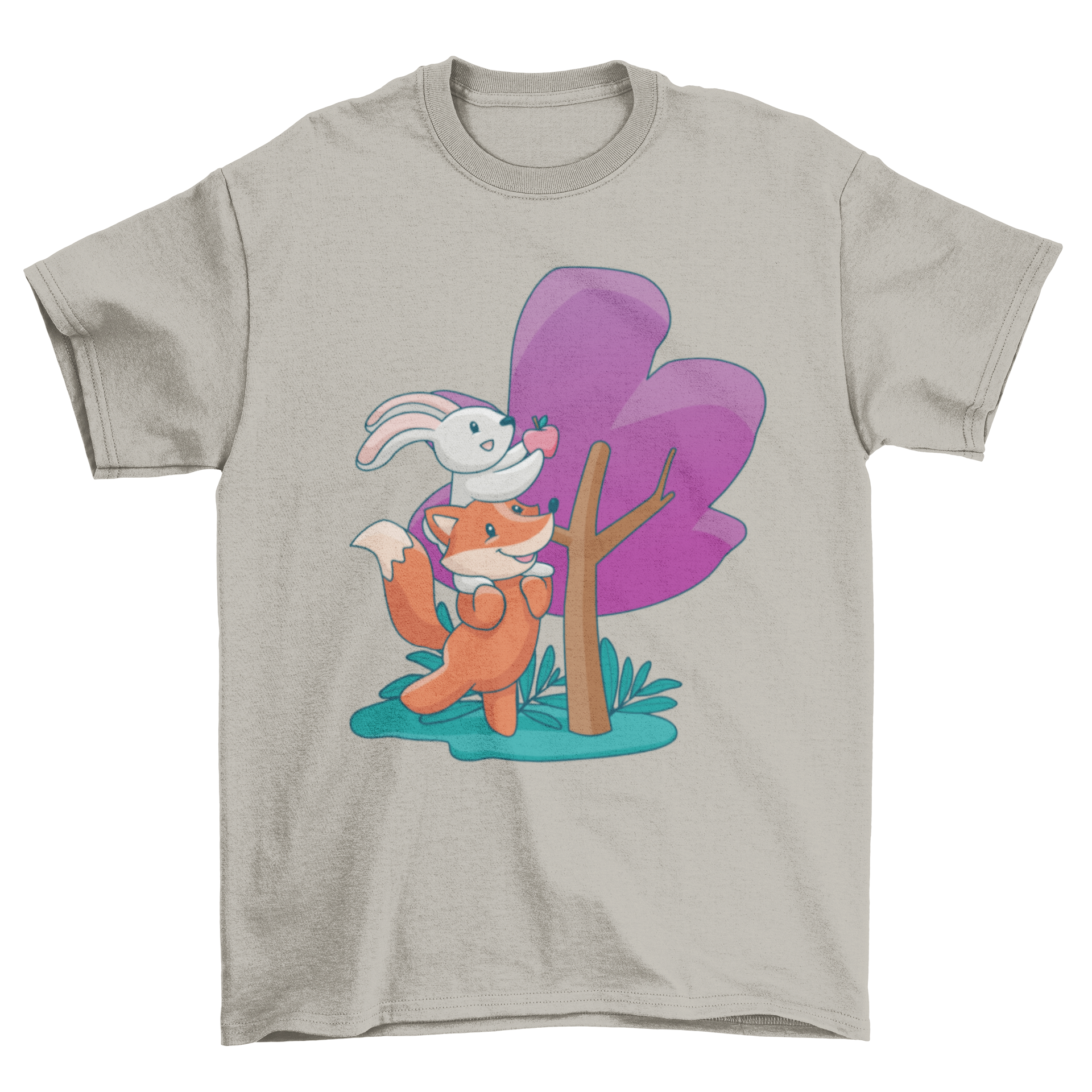 A colorful T-shirt design featuring a cute fox and bunny picking an apple from a tree, showcasing a playful and whimsical scene.