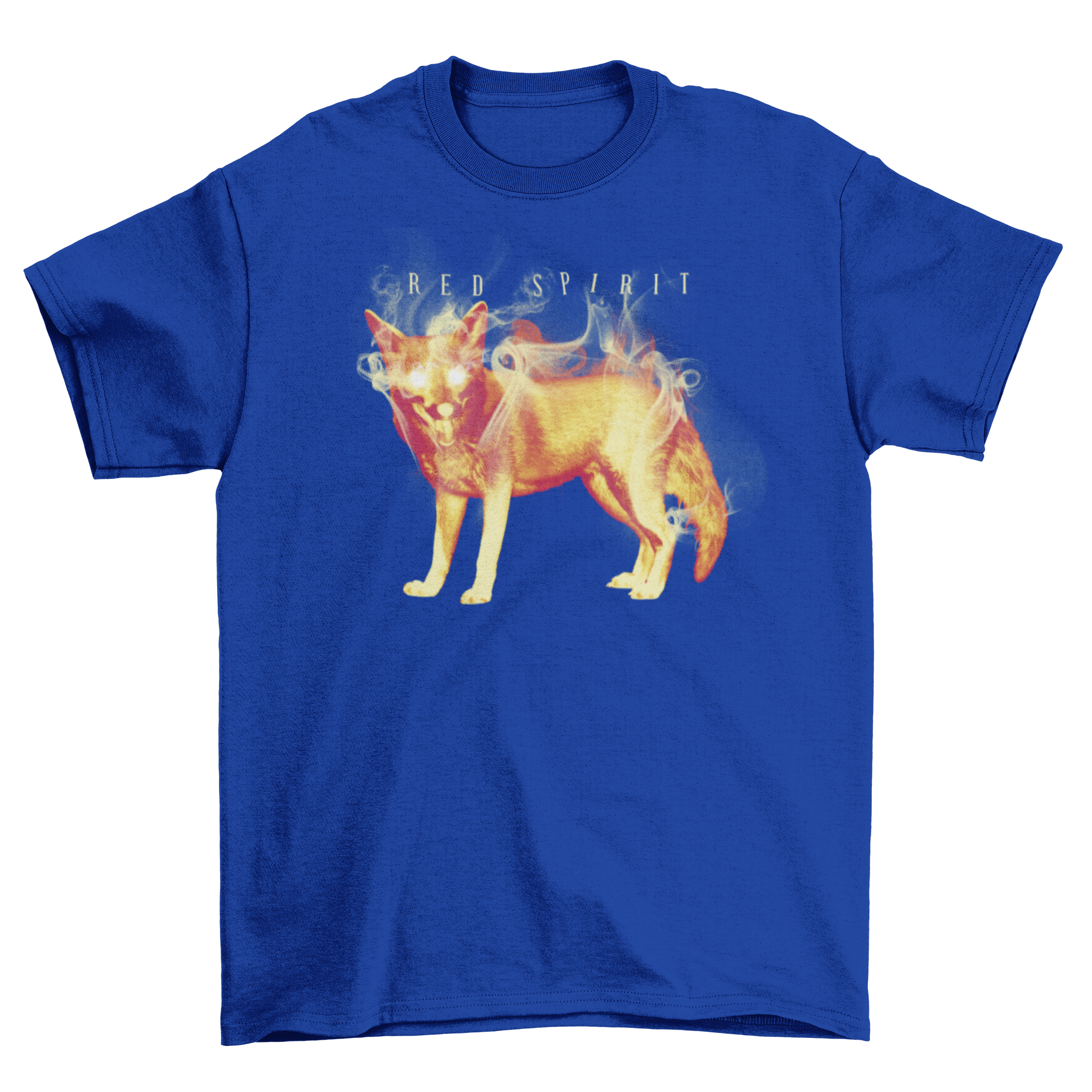 A vibrant t-shirt featuring a fox on fire with the quote 'Red Spirit', showcasing a unique and artistic design.