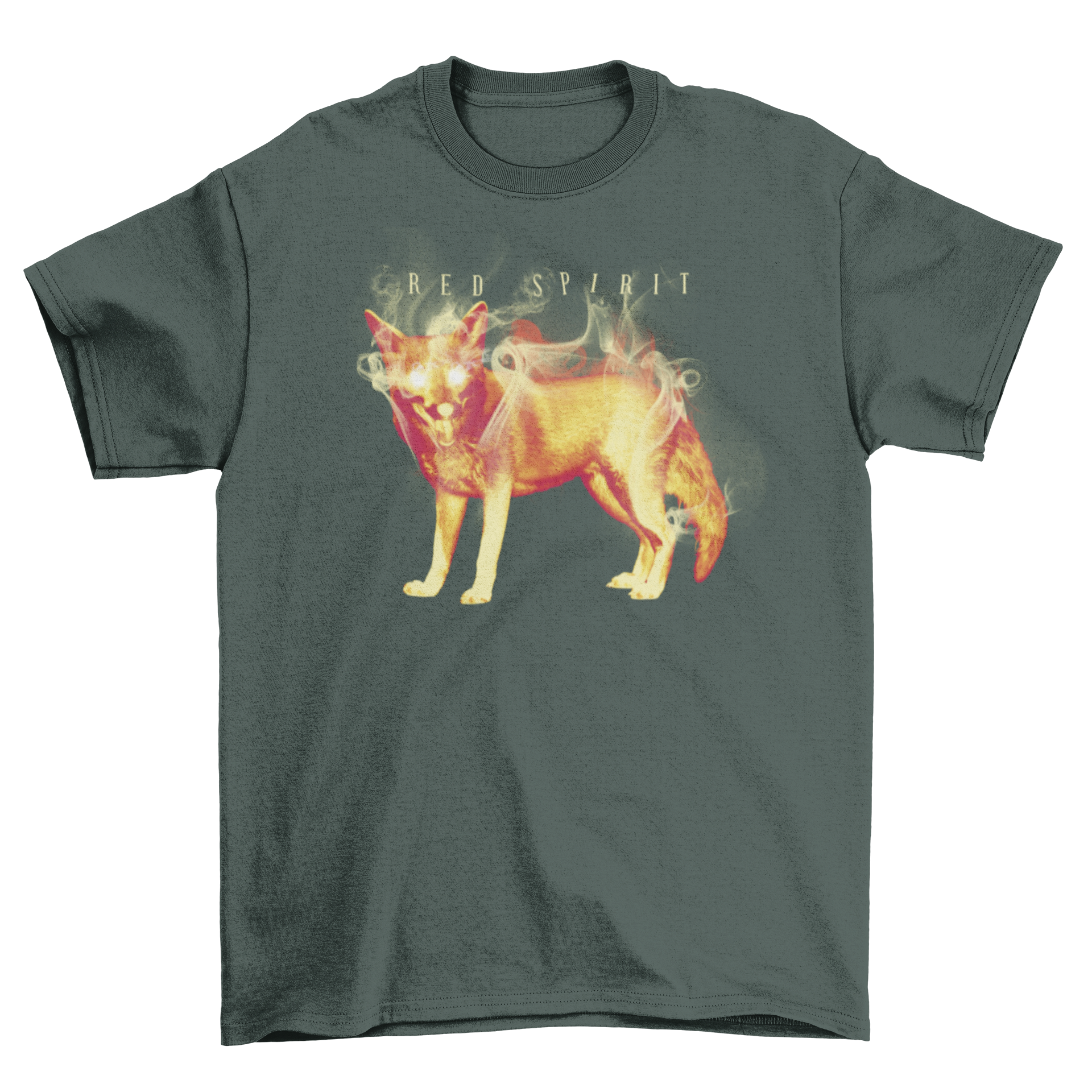 A vibrant t-shirt featuring a fox on fire with the quote 'Red Spirit', showcasing a unique and artistic design.