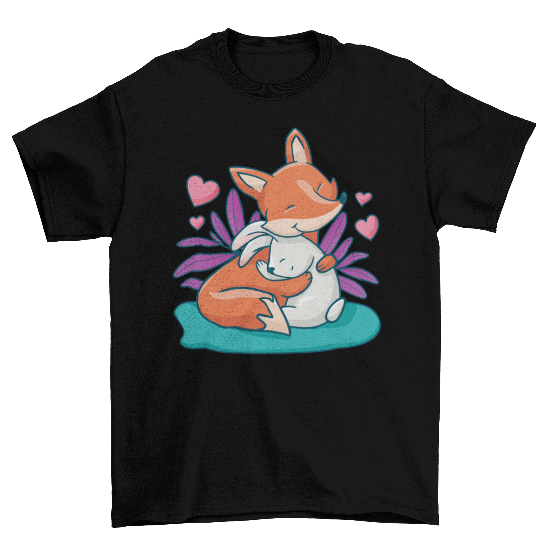 A cute t-shirt featuring a fox and bunny hugging each other, showcasing a whimsical design.