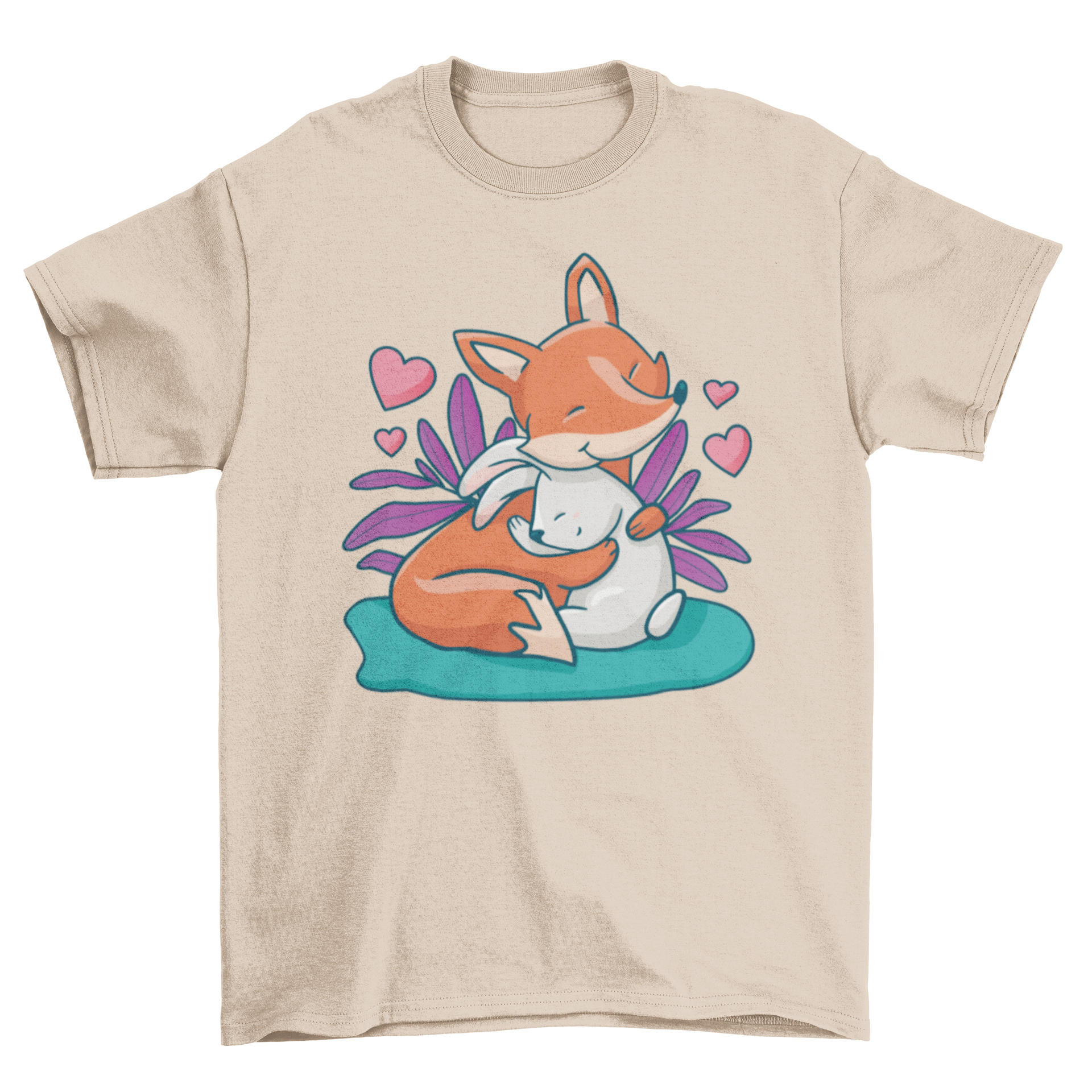 A cute t-shirt featuring a fox and bunny hugging each other, showcasing a whimsical design.