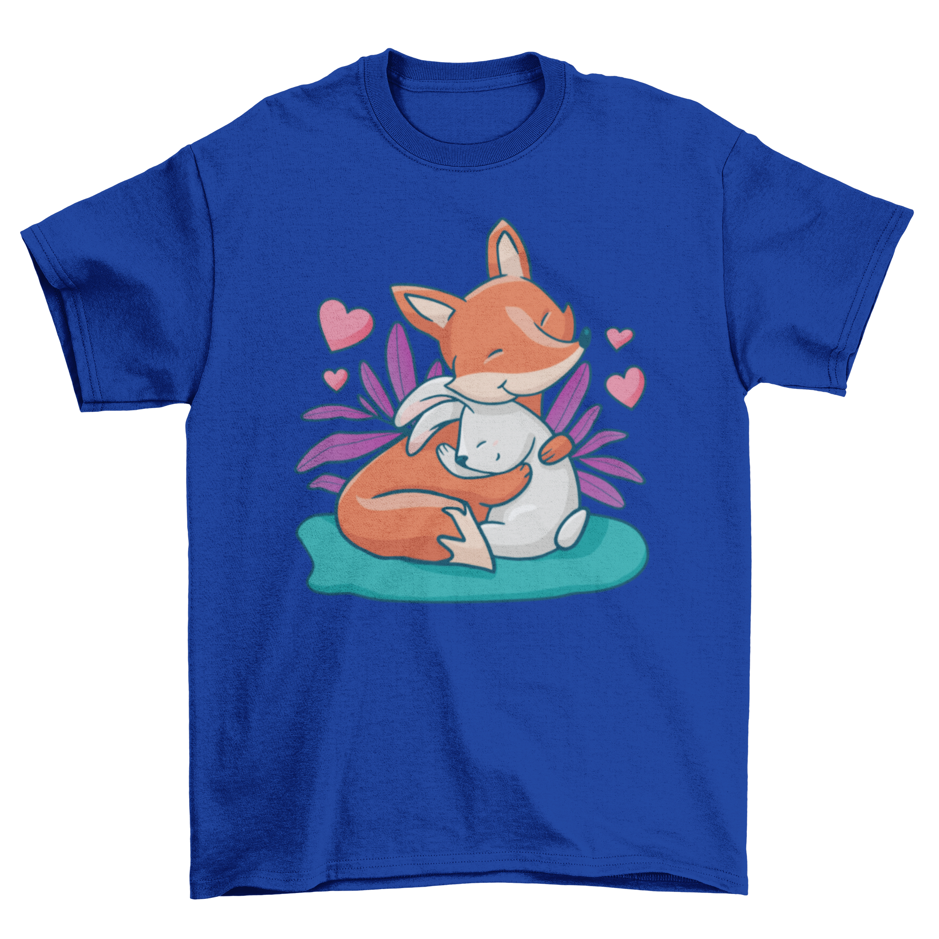 A cute t-shirt featuring a fox and bunny hugging each other, showcasing a whimsical design.