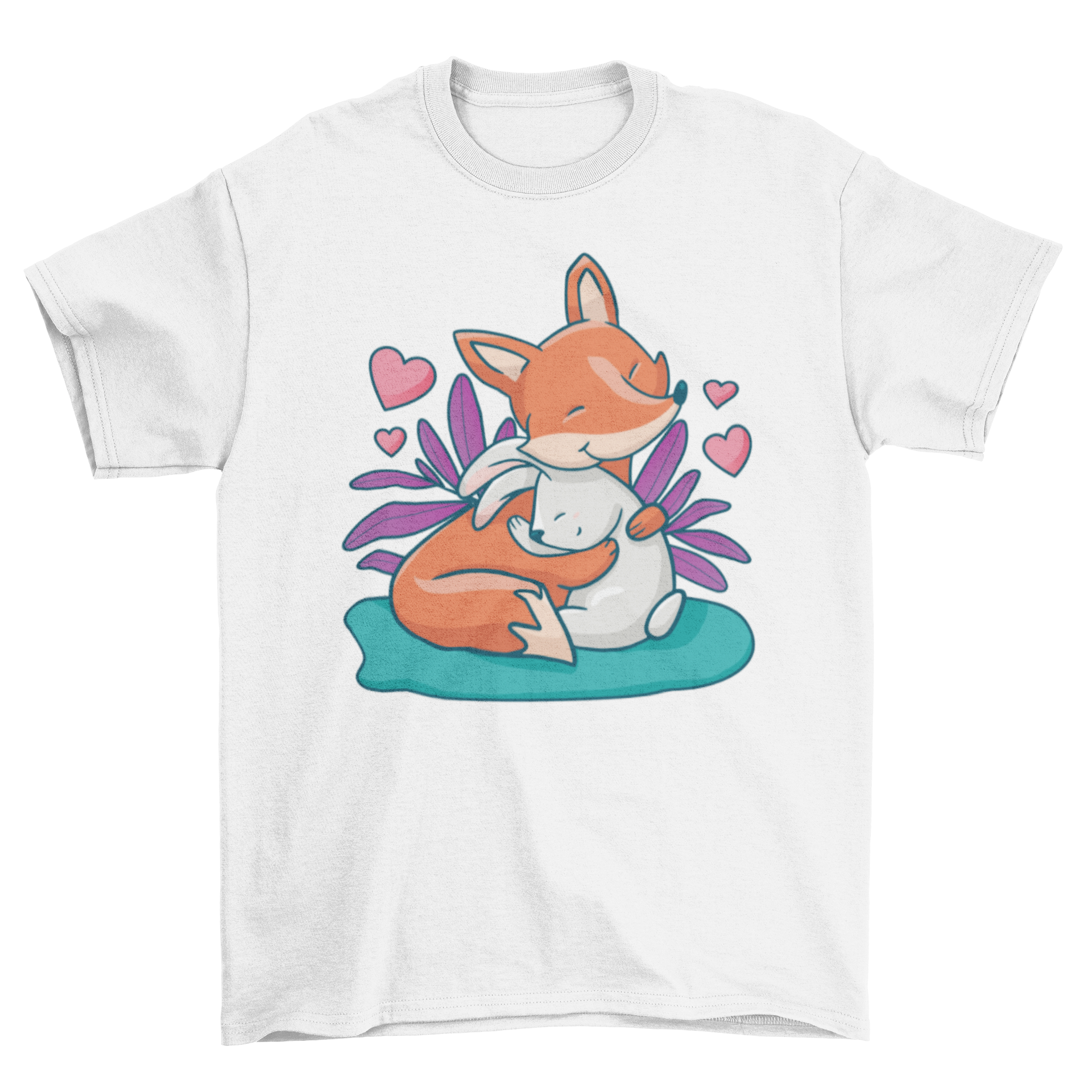 A cute t-shirt featuring a fox and bunny hugging each other, showcasing a whimsical design.