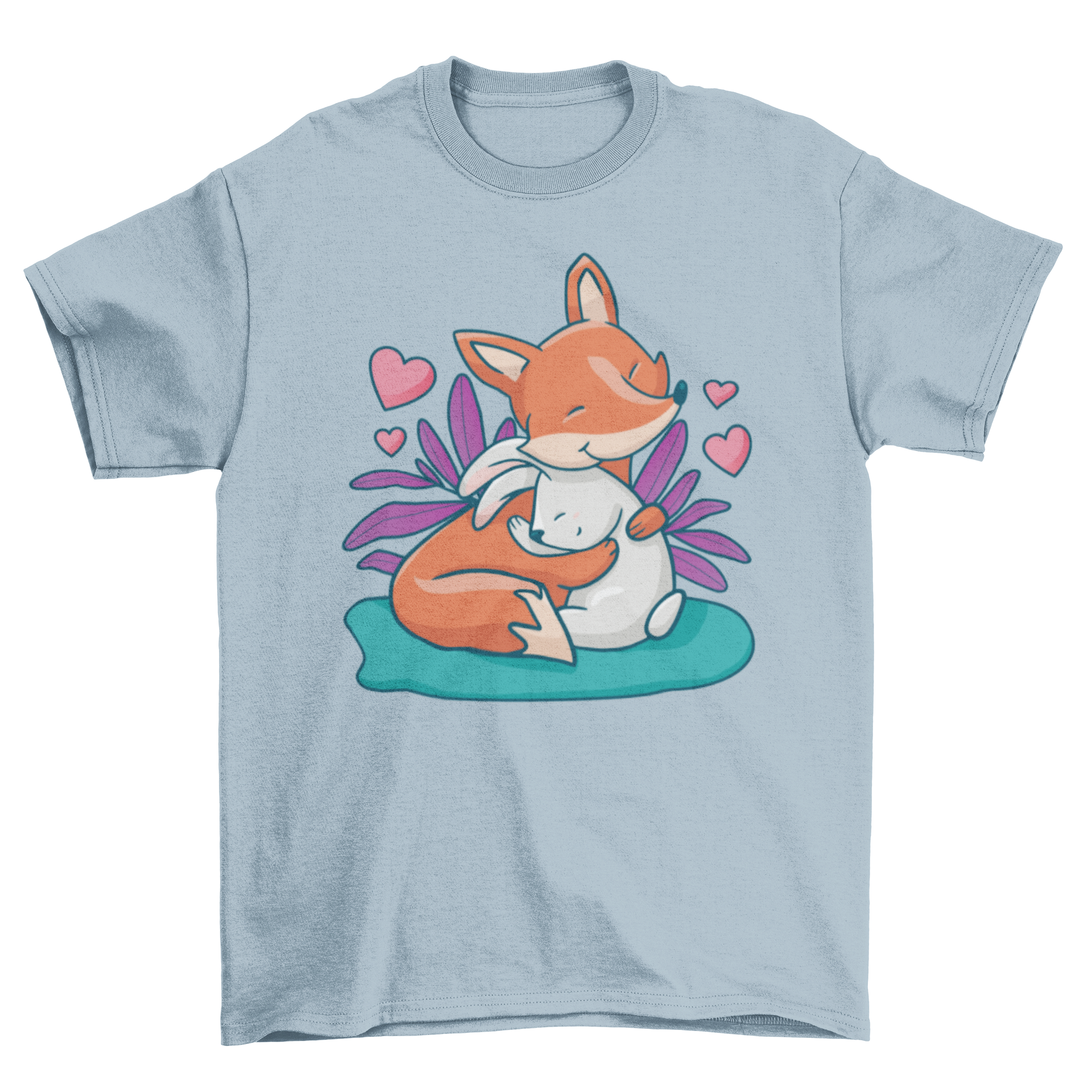 A cute t-shirt featuring a fox and bunny hugging each other, showcasing a whimsical design.