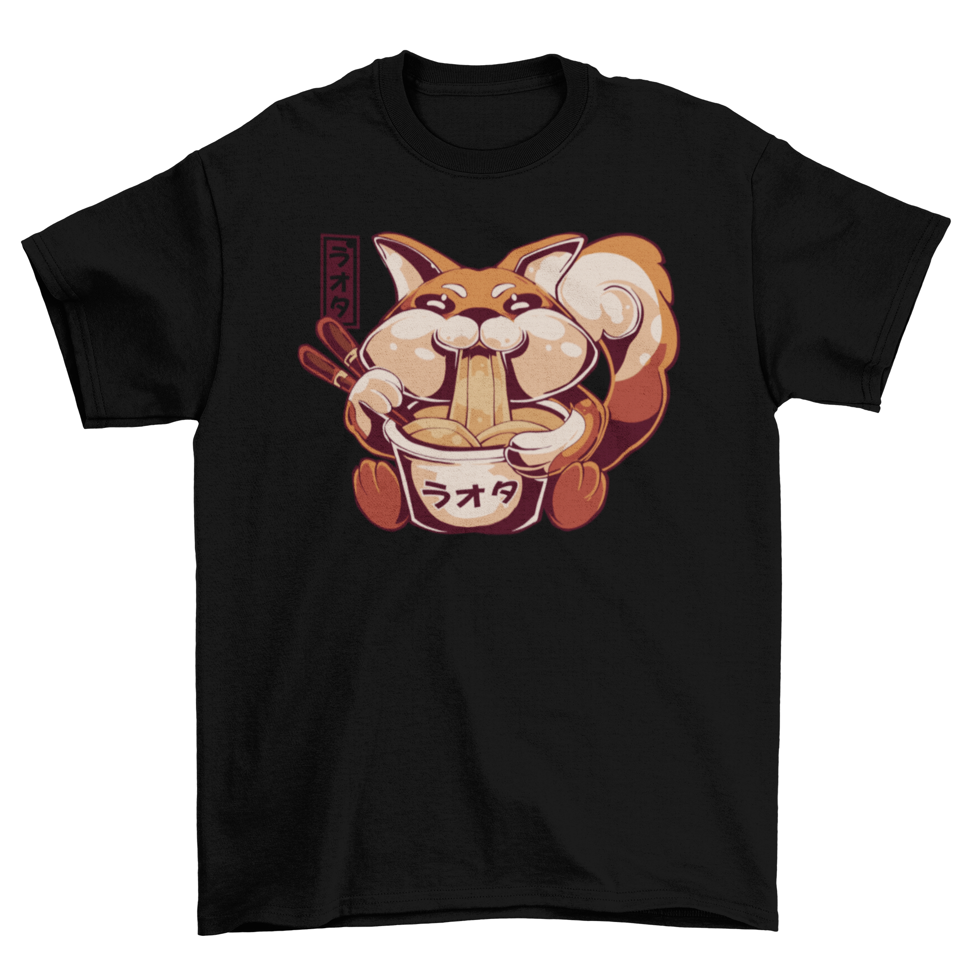 A stylish t-shirt featuring a playful fox eating ramen, showcasing a unique and fun design.