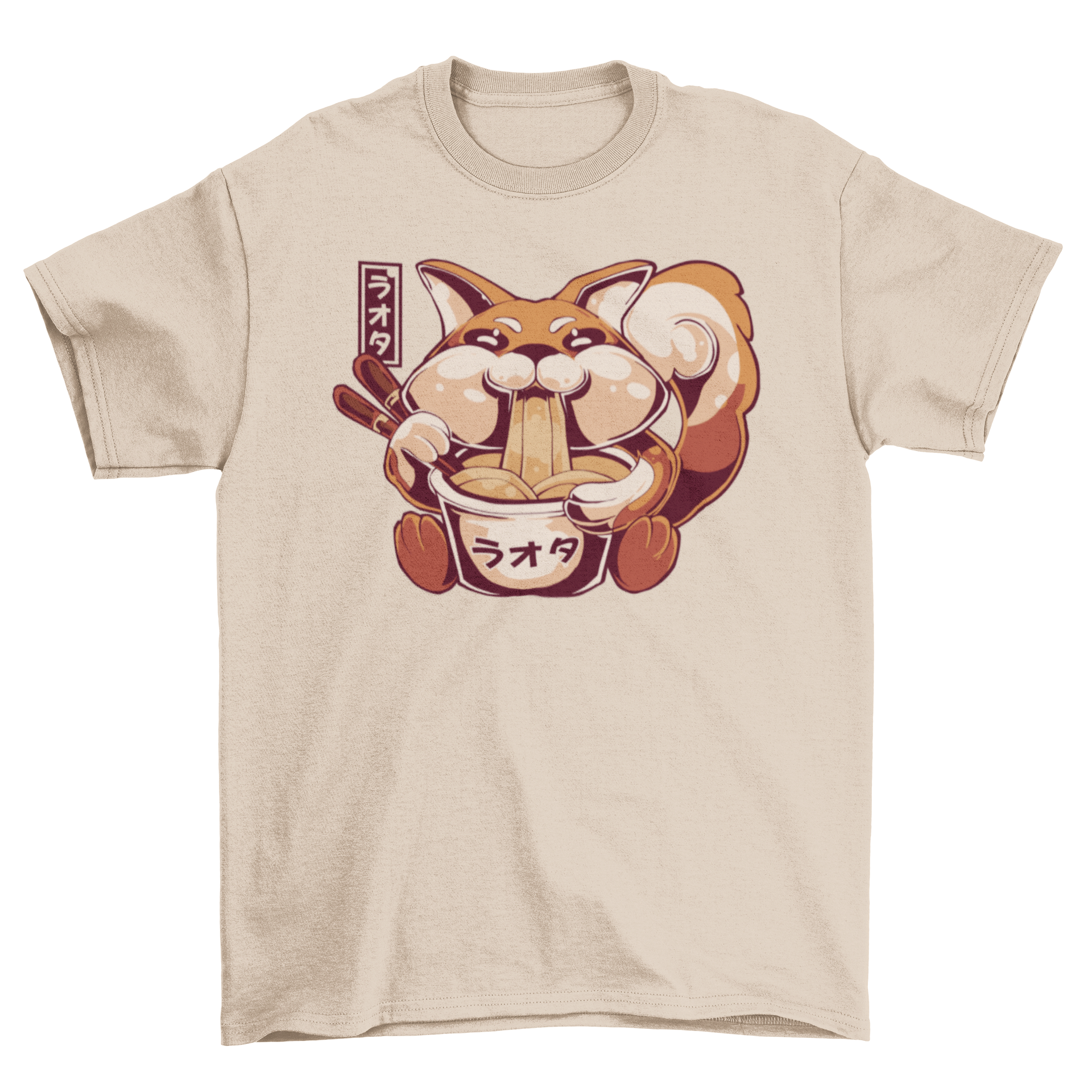 A stylish t-shirt featuring a playful fox eating ramen, showcasing a unique and fun design.