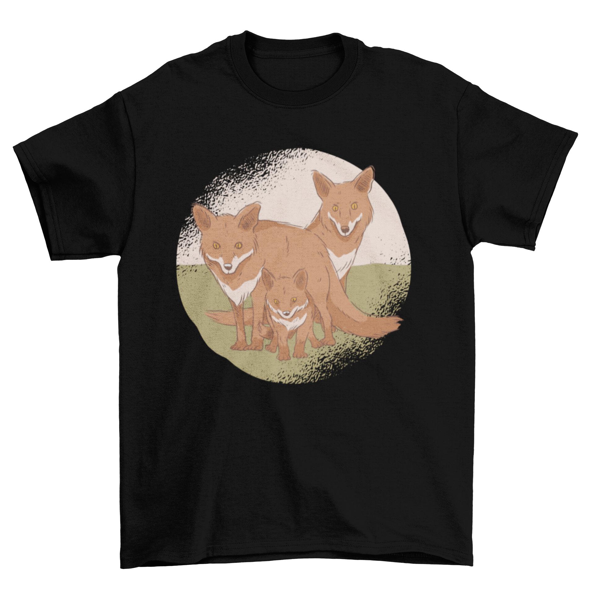 A Fox Family T-Shirt featuring hand-drawn illustrations of fox parents and a baby fox, showcasing love and care.