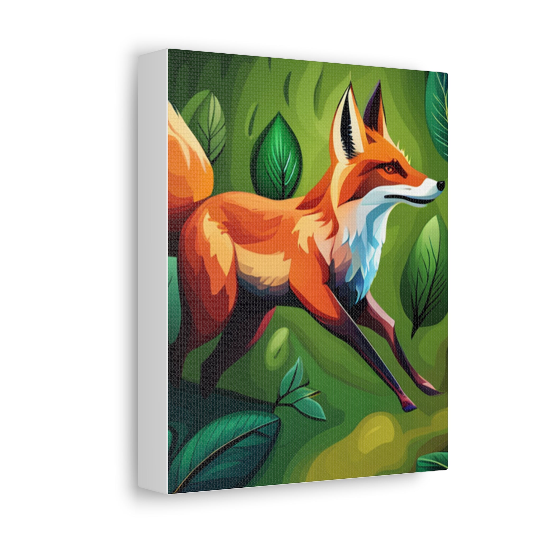 A vibrant stretched canvas print featuring a fox surrounded by colorful leaves, showcasing exceptional detail and quality.