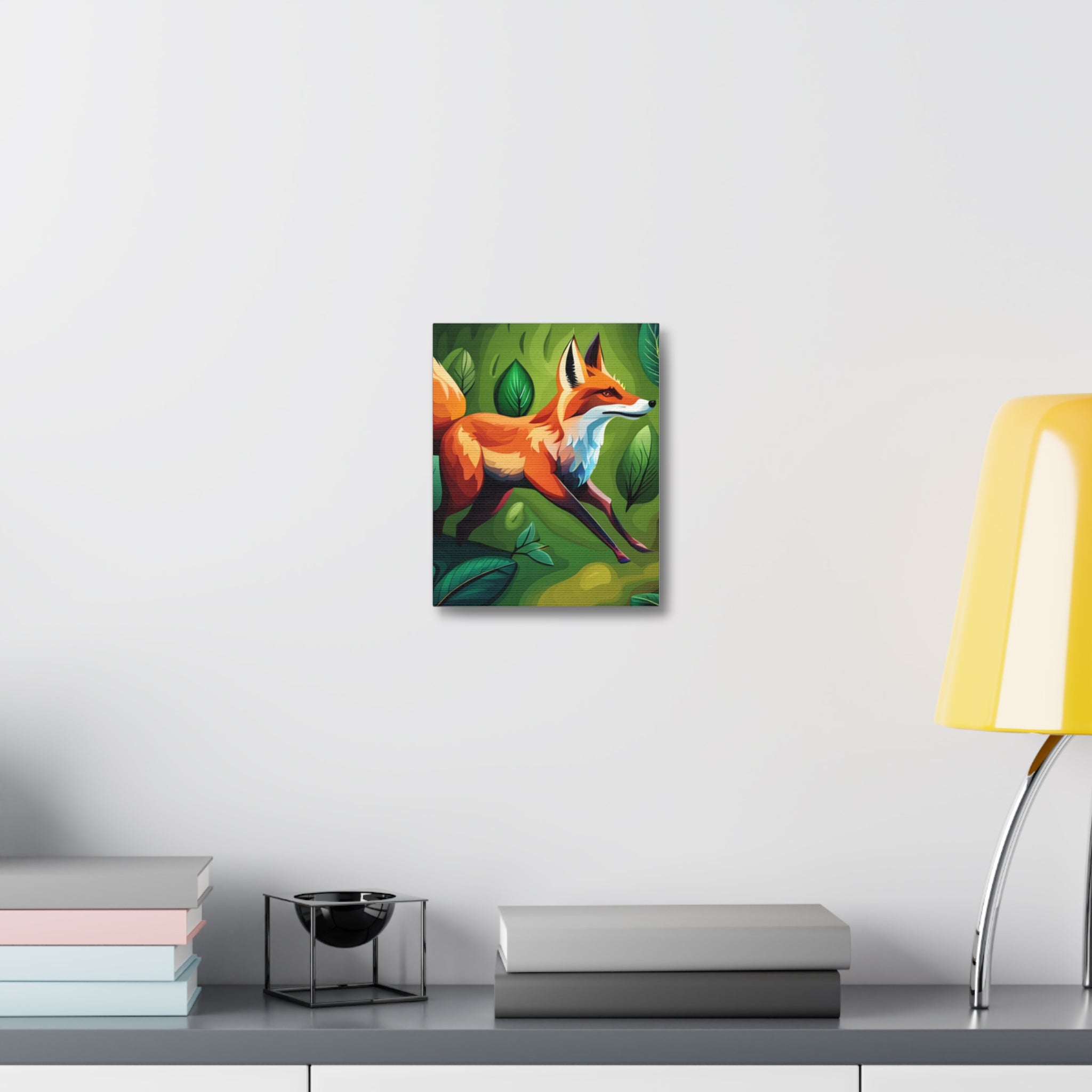 A vibrant stretched canvas print featuring a fox surrounded by colorful leaves, showcasing exceptional detail and quality.