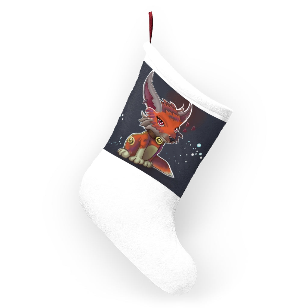 A cozy Foxxy Christmas Stocking made of soft polyester fleece, featuring a festive design and a twill ribbon hanging loop, perfect for holiday decor.