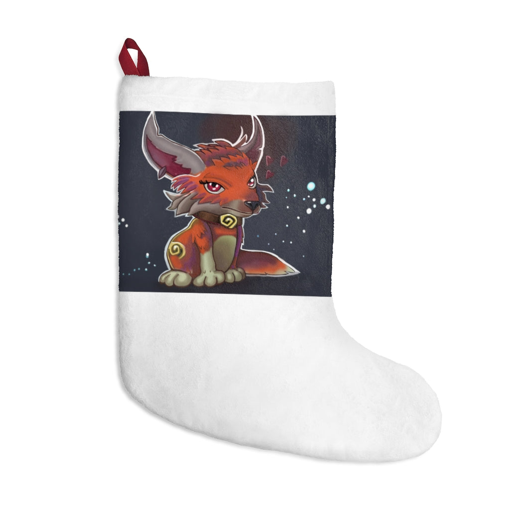 A cozy Foxxy Christmas Stocking made of soft polyester fleece, featuring a festive design and a twill ribbon hanging loop, perfect for holiday decor.