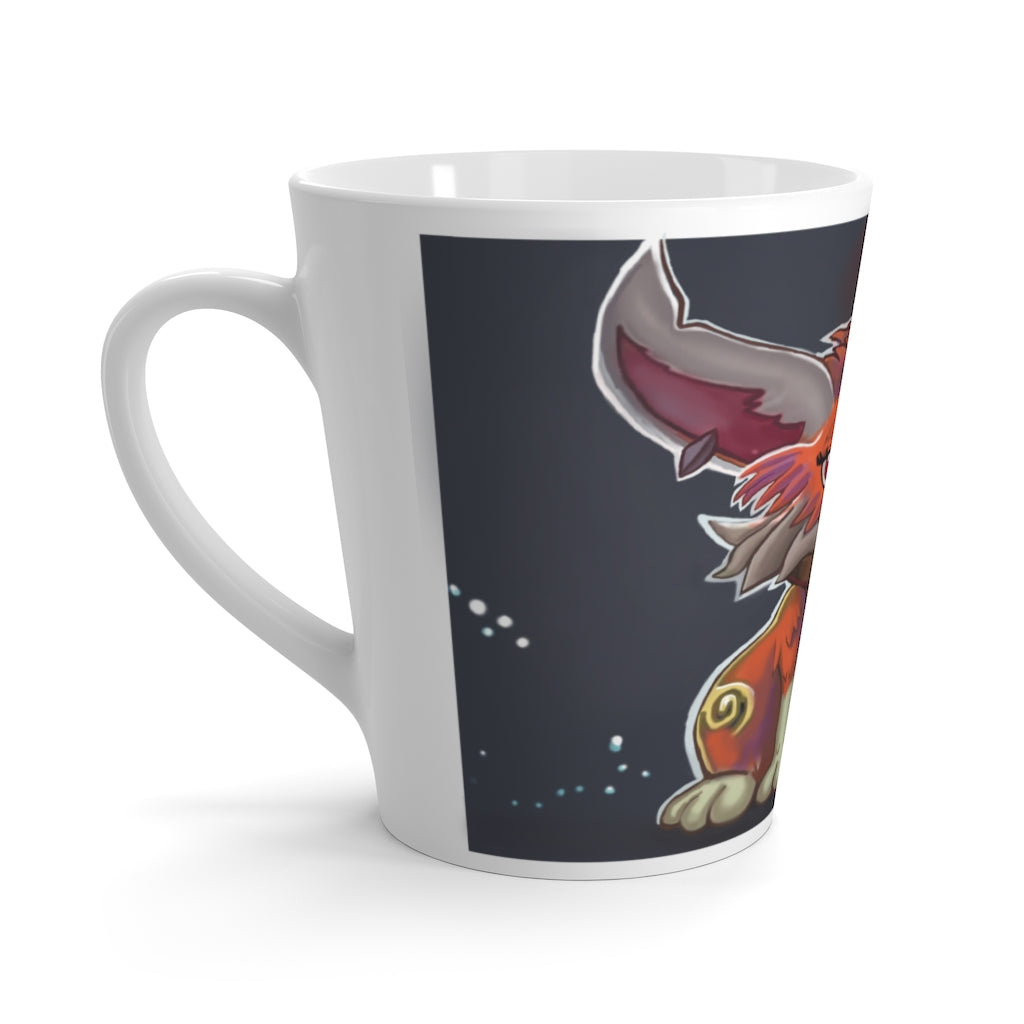 Foxxy Latte Mug in white ceramic with rounded corners and C-handle, featuring vibrant sublimation printing.