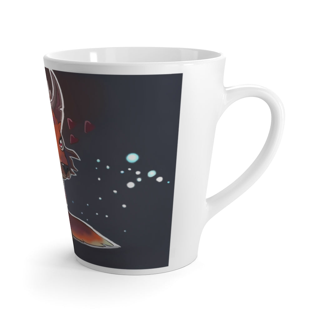 Foxxy Latte Mug in white ceramic with rounded corners and C-handle, featuring vibrant sublimation printing.