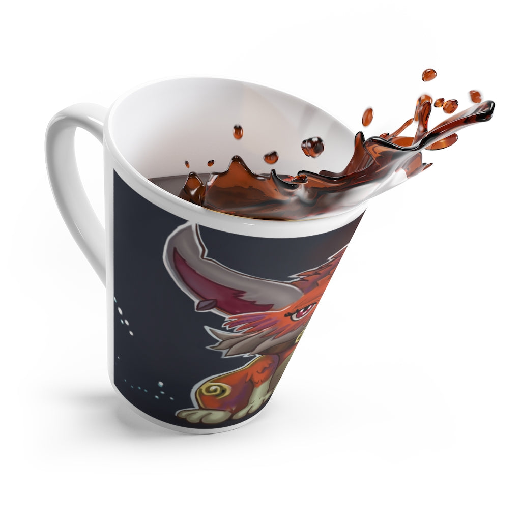 Foxxy Latte Mug in white ceramic with rounded corners and C-handle, featuring vibrant sublimation printing.