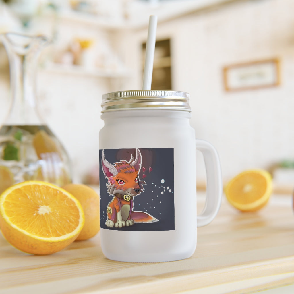 A stylish Foxxy Mason Jar made of frosted glass, featuring a straw and lid, perfect for personalized drinks.