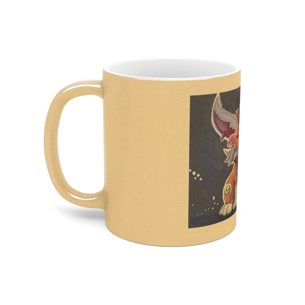 A stylish Foxxy Metallic Mug in Silver and Gold, showcasing personalized designs on a ceramic surface with a C-handle.