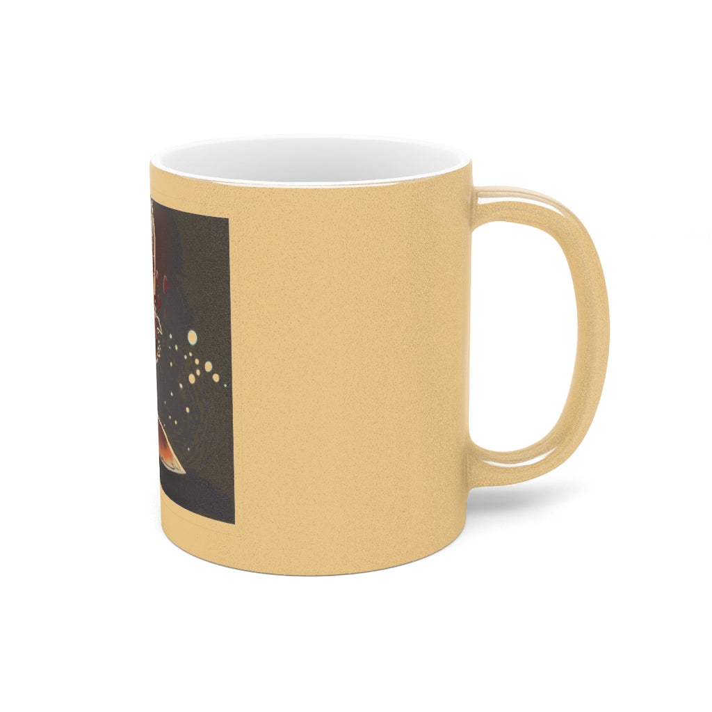 A stylish Foxxy Metallic Mug in Silver and Gold, showcasing personalized designs on a ceramic surface with a C-handle.