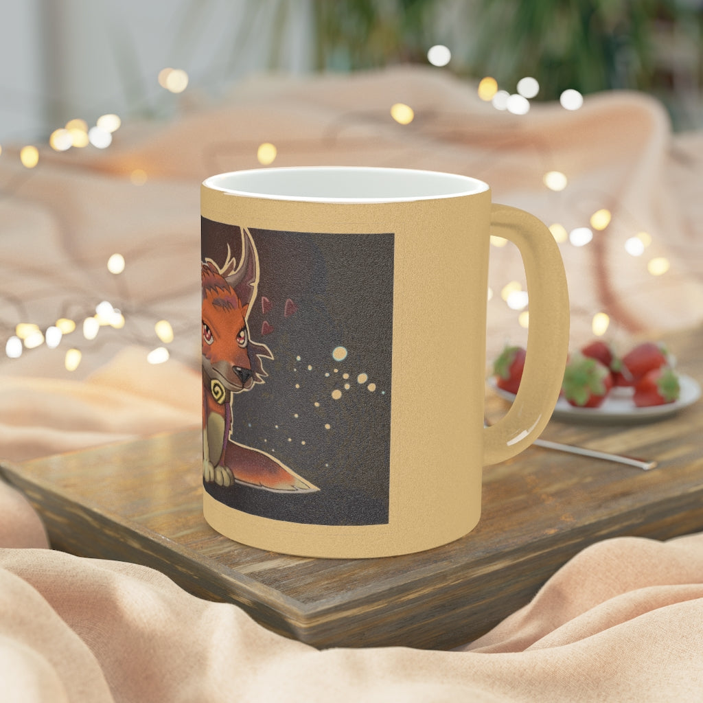 A stylish Foxxy Metallic Mug in Silver and Gold, showcasing personalized designs on a ceramic surface with a C-handle.