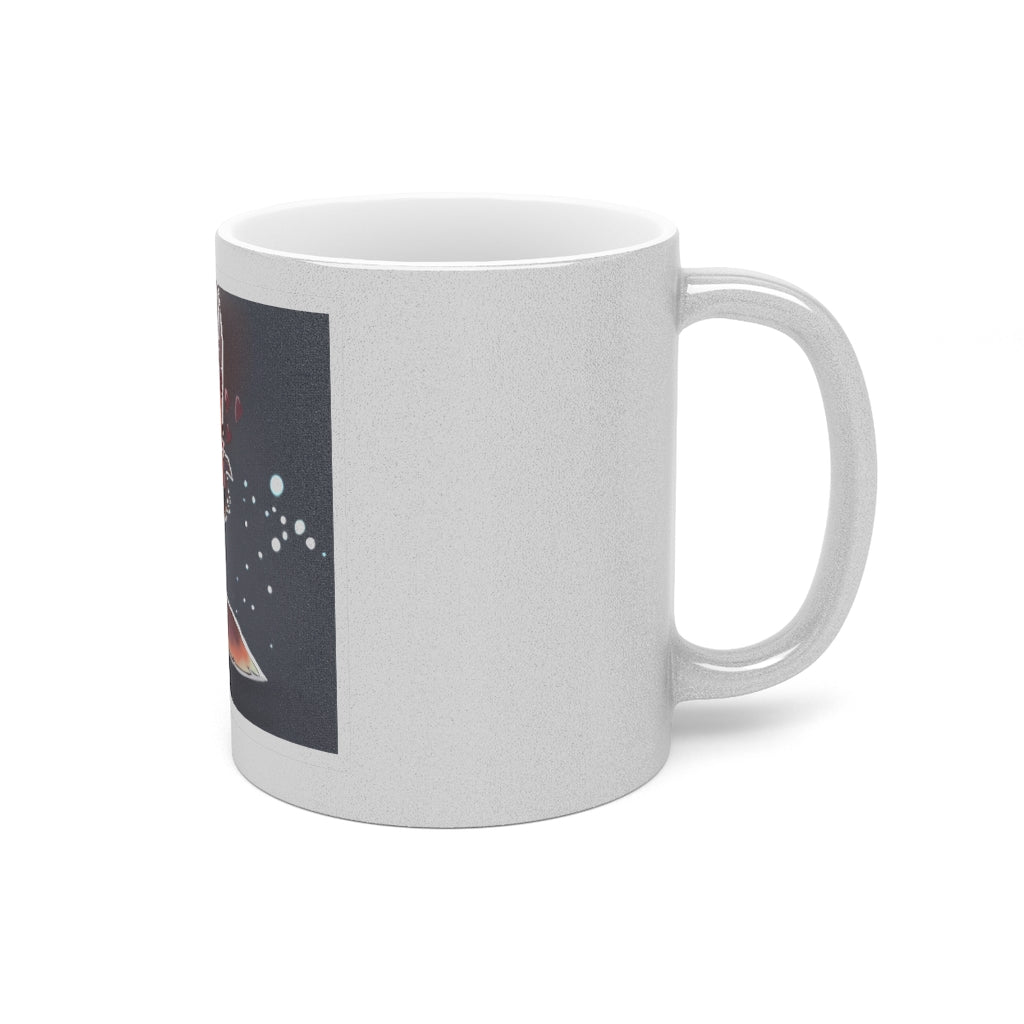 A stylish Foxxy Metallic Mug in Silver and Gold, showcasing personalized designs on a ceramic surface with a C-handle.