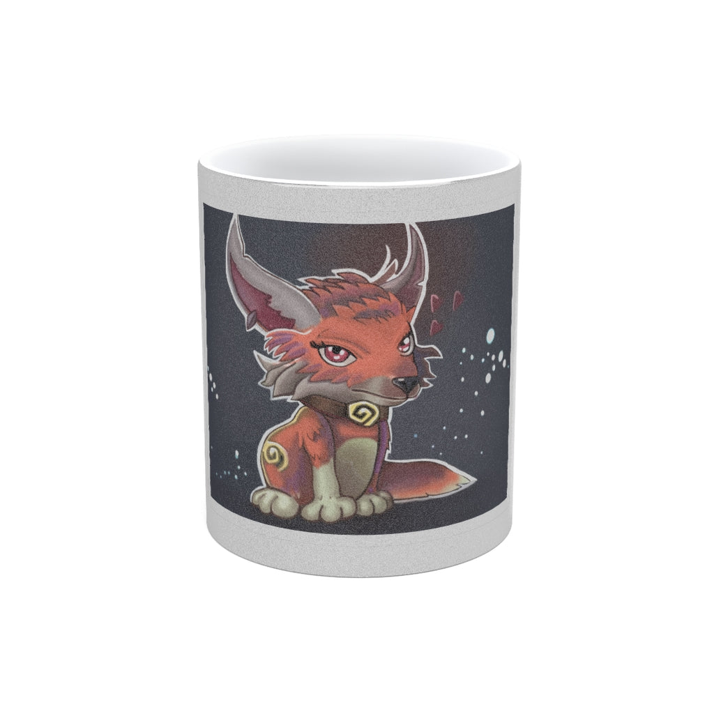 A stylish Foxxy Metallic Mug in Silver and Gold, showcasing personalized designs on a ceramic surface with a C-handle.