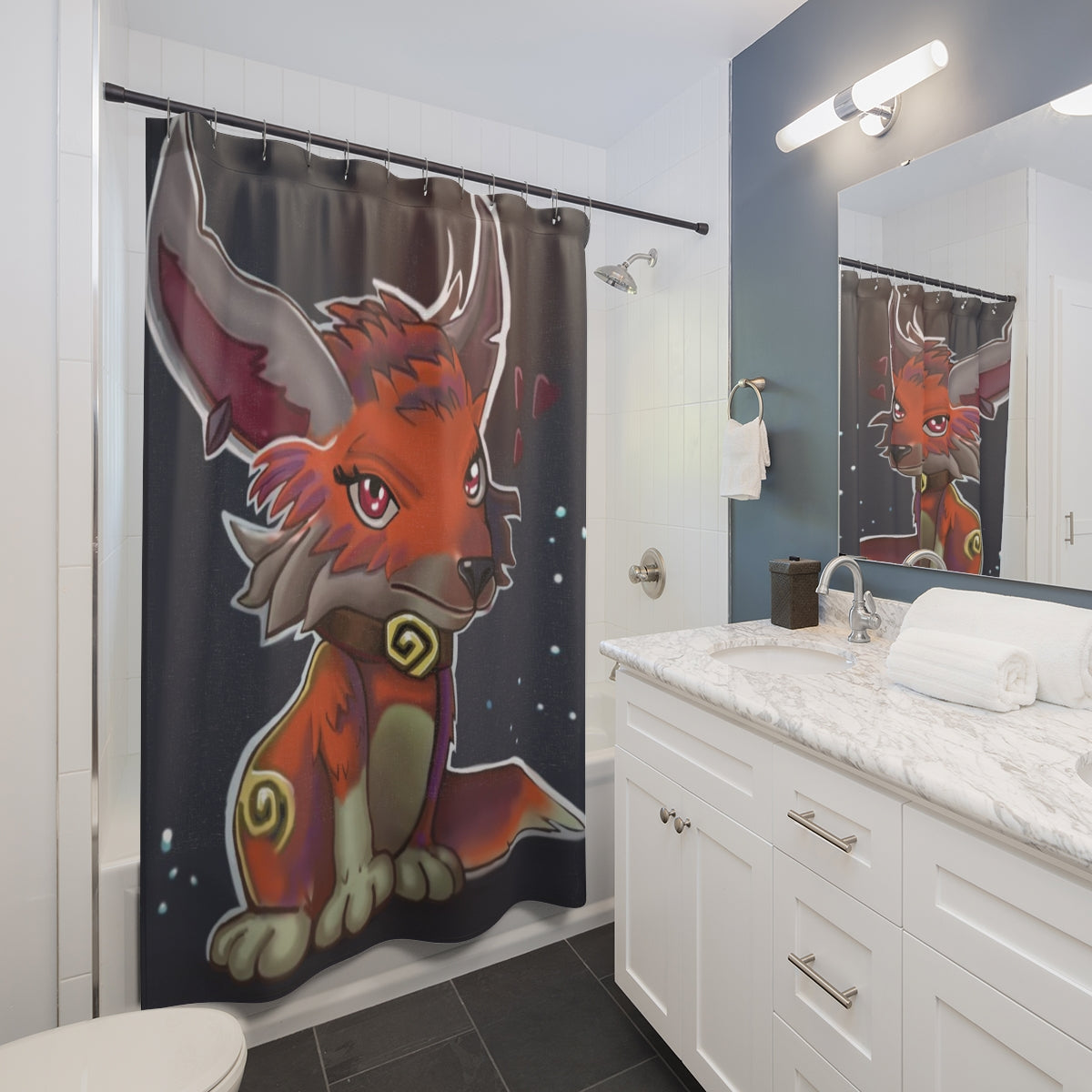 Foxxy Shower Curtain featuring vibrant custom designs on durable polyester fabric, ideal for bathroom decor.