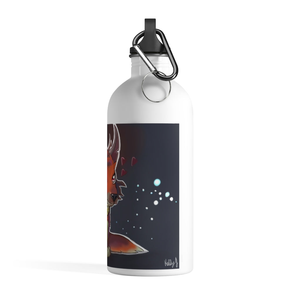 Foxxy Stainless Steel Water Bottle with a plastic screw top and carabiner, showcasing its sleek design and vibrant print.