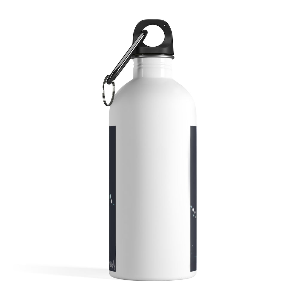 Foxxy Stainless Steel Water Bottle with a plastic screw top and carabiner, showcasing its sleek design and vibrant print.