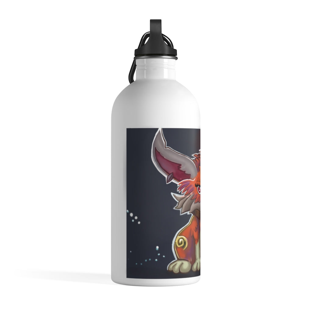 Foxxy Stainless Steel Water Bottle with a plastic screw top and carabiner, showcasing its sleek design and vibrant print.