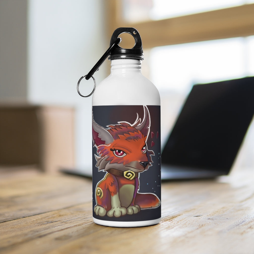 Foxxy Stainless Steel Water Bottle with a plastic screw top and carabiner, showcasing its sleek design and vibrant print.