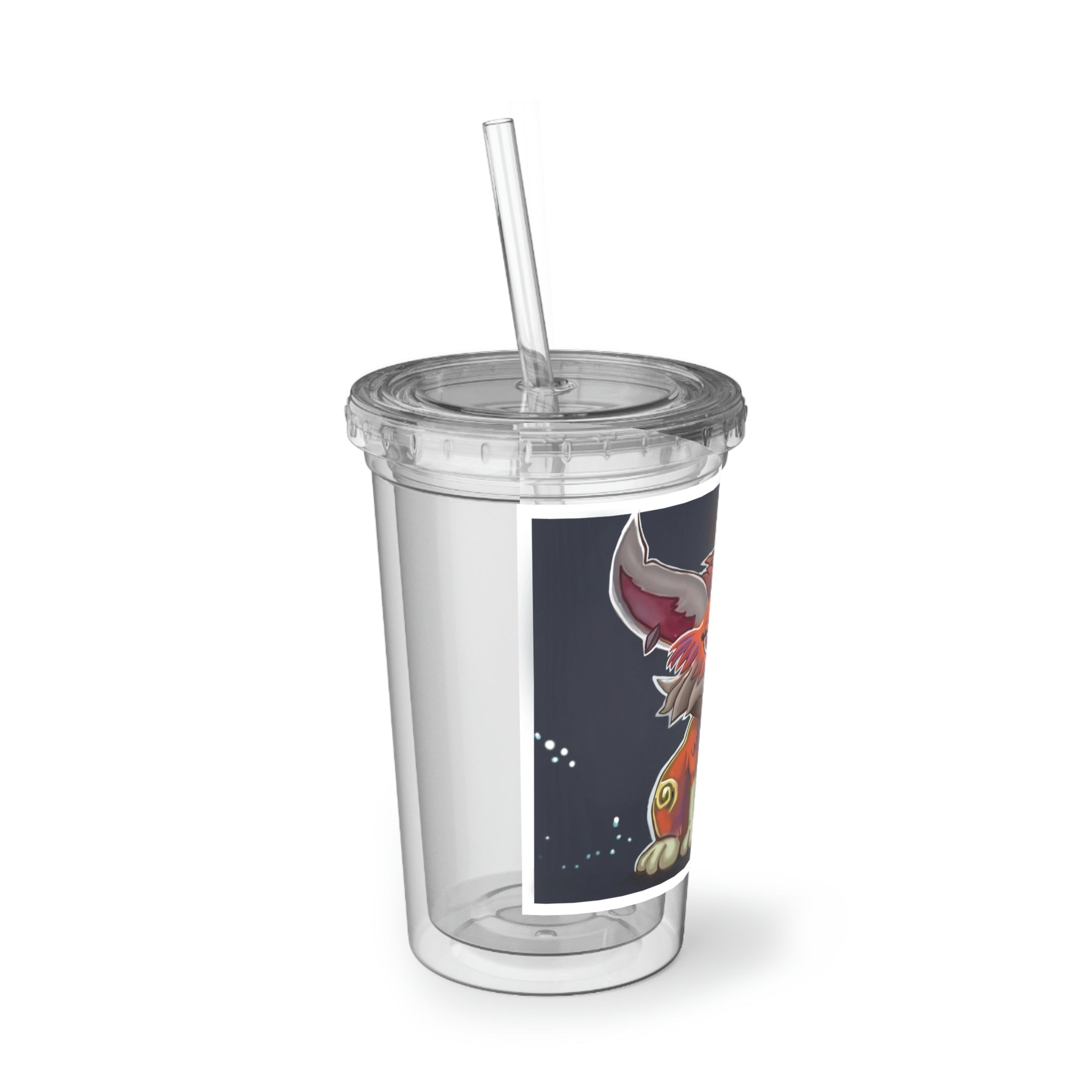 Foxxy Suave Acrylic Cup with double-wall insulation, featuring a plastic lid and straw, perfect for hot and cold beverages.