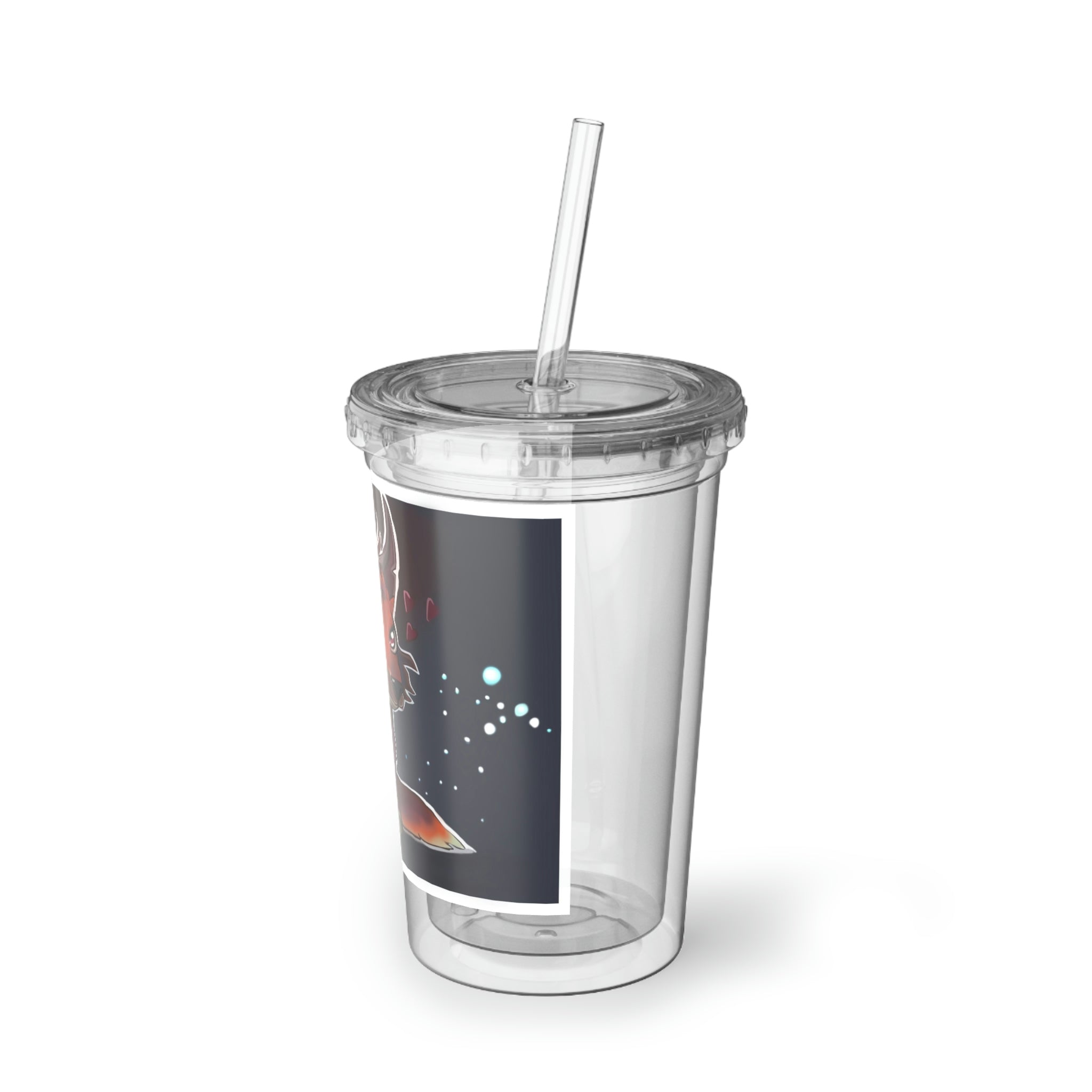 Foxxy Suave Acrylic Cup with double-wall insulation, featuring a plastic lid and straw, perfect for hot and cold beverages.