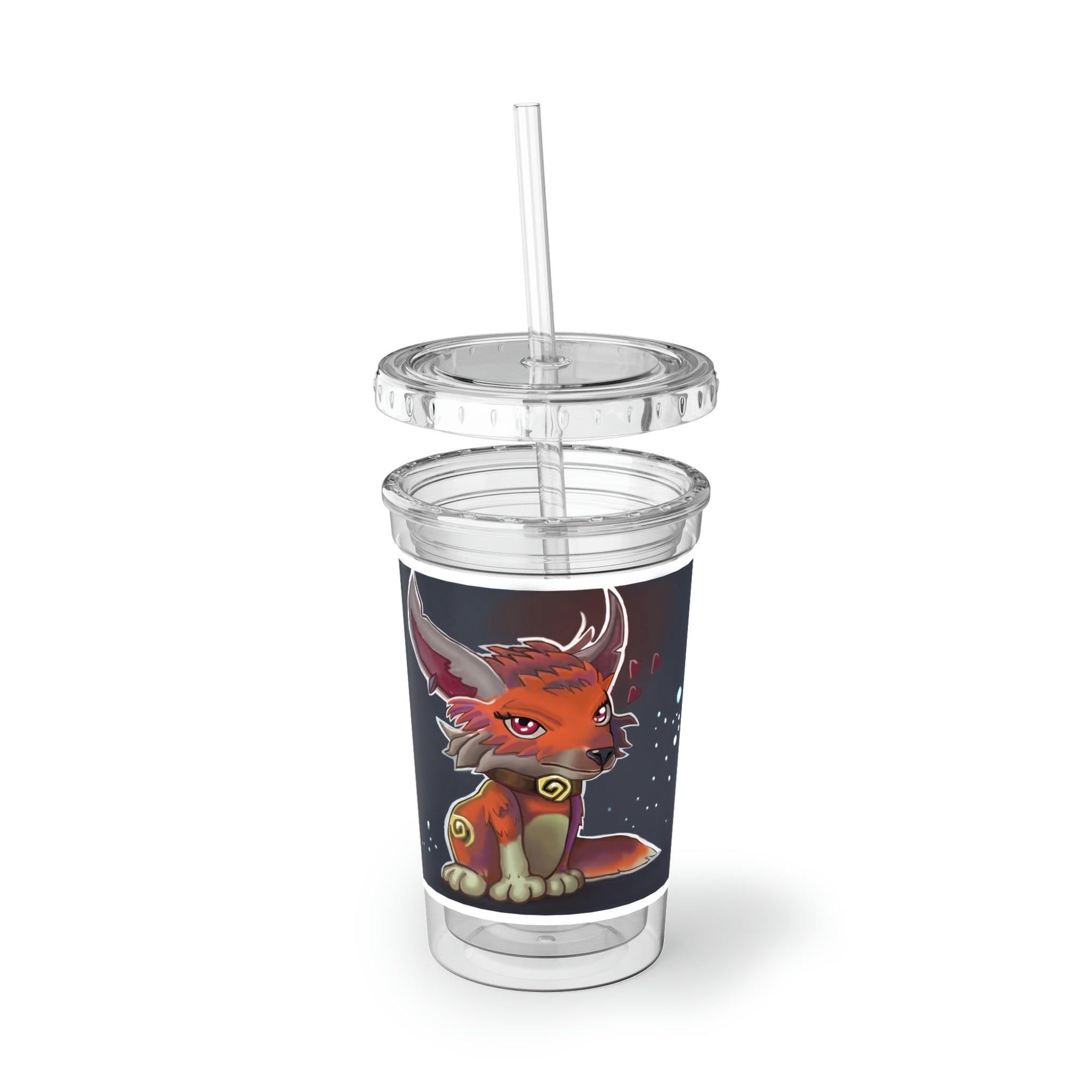 Foxxy Suave Acrylic Cup with double-wall insulation, featuring a plastic lid and straw, perfect for hot and cold beverages.