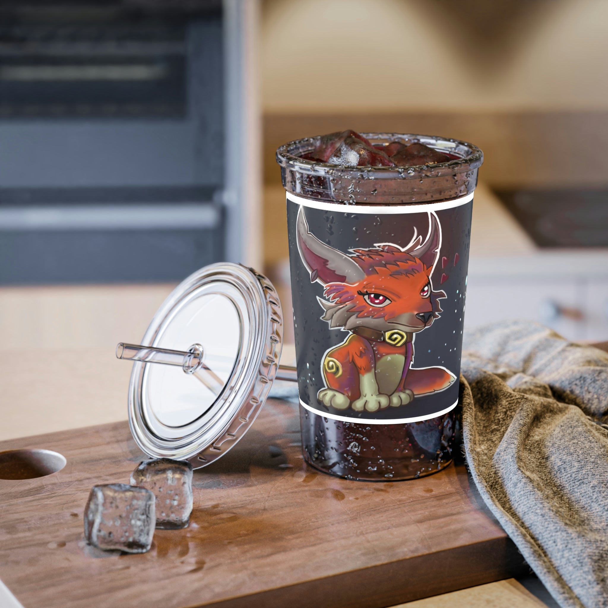 Foxxy Suave Acrylic Cup with double-wall insulation, featuring a plastic lid and straw, perfect for hot and cold beverages.