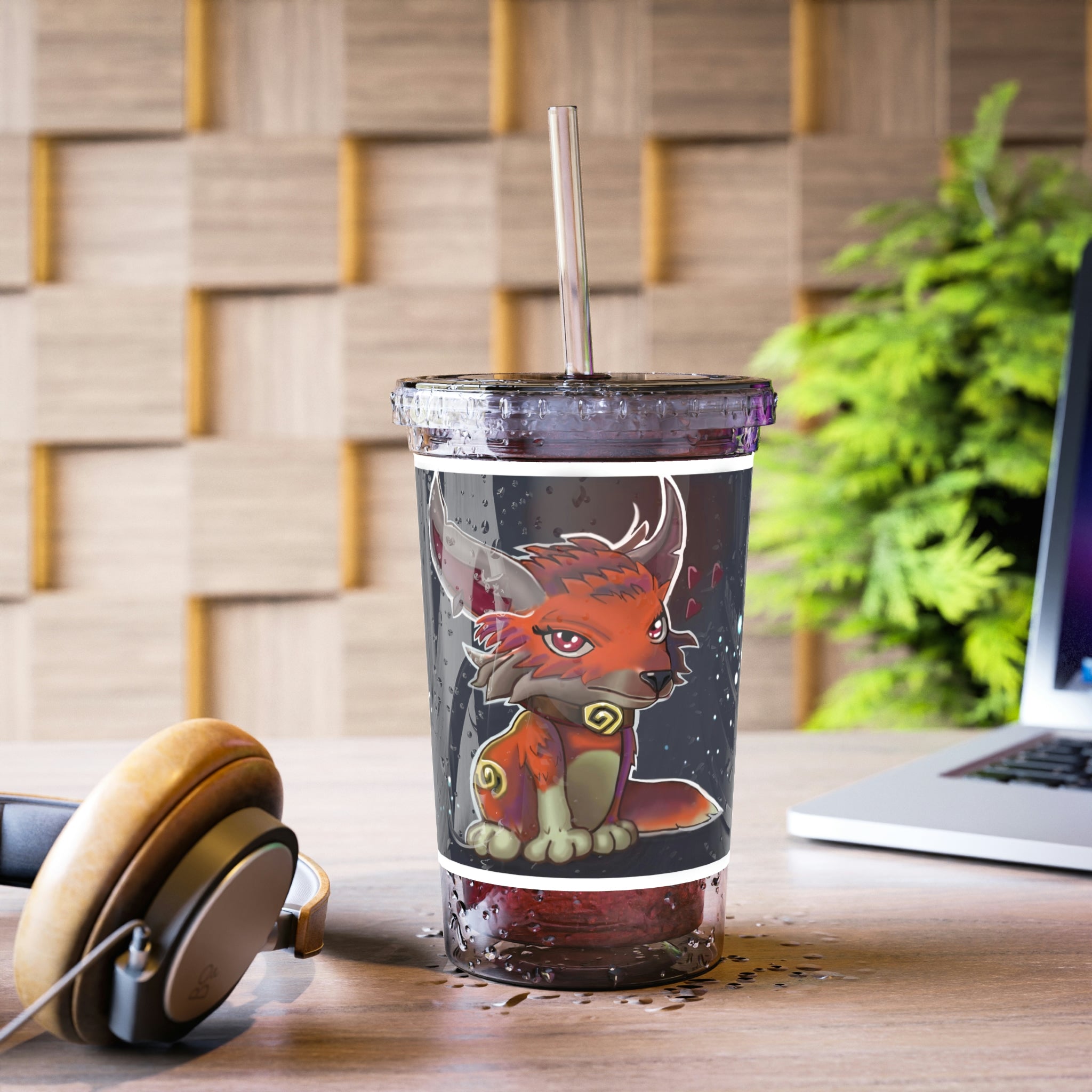 Foxxy Suave Acrylic Cup with double-wall insulation, featuring a plastic lid and straw, perfect for hot and cold beverages.