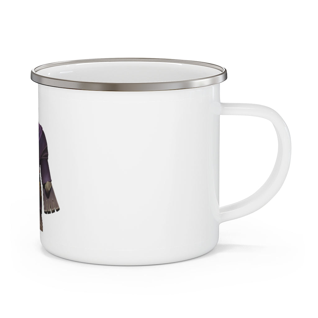 Frair Enamel Camping Mug in a rustic outdoor setting, showcasing its durable design and customizable print.