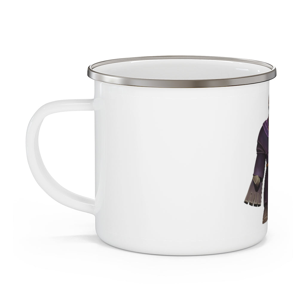 Frair Enamel Camping Mug in a rustic outdoor setting, showcasing its durable design and customizable print.