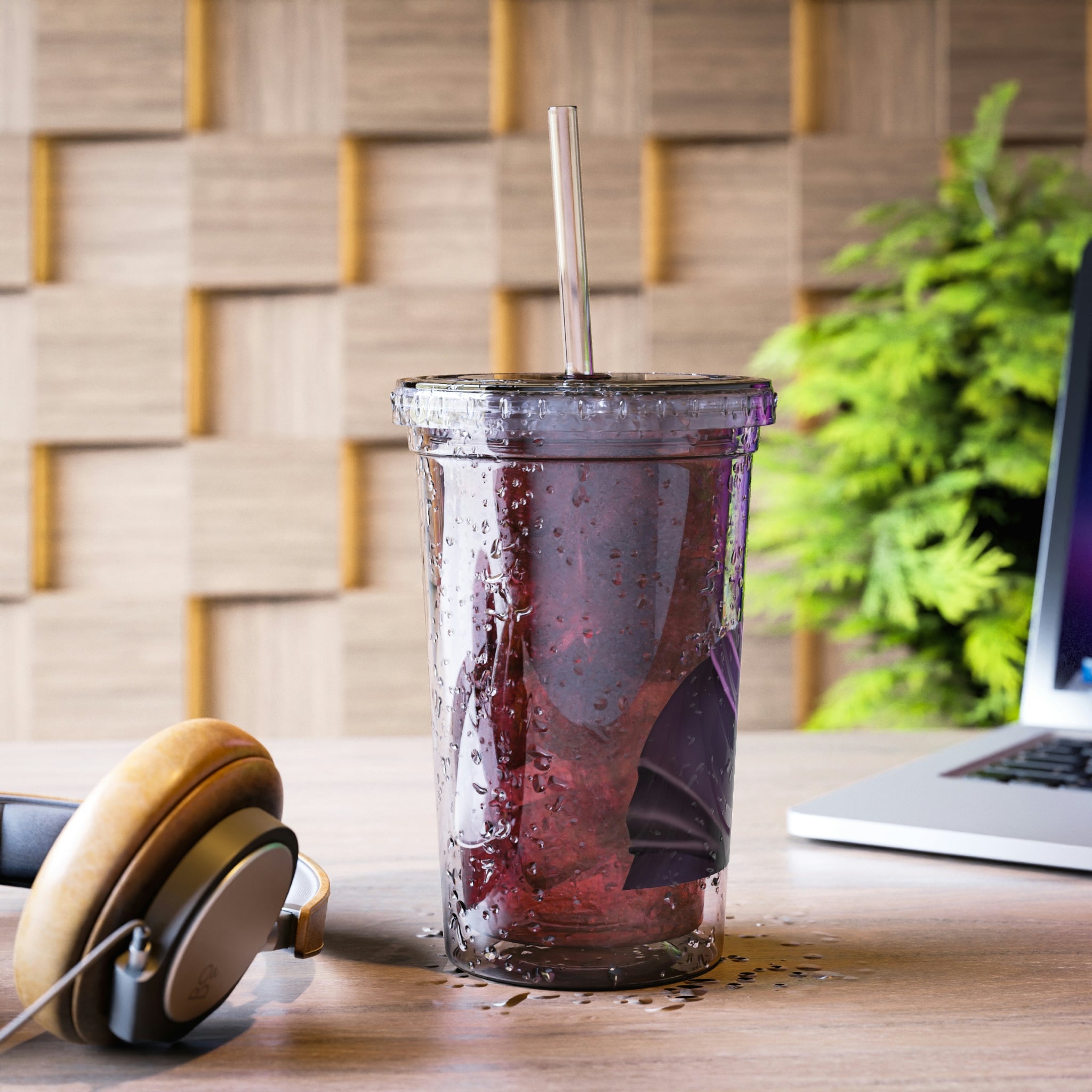 Frair Suave Acrylic Cup in stainless steel with a black plastic cap and straw, showcasing a sleek design for stylish hydration.