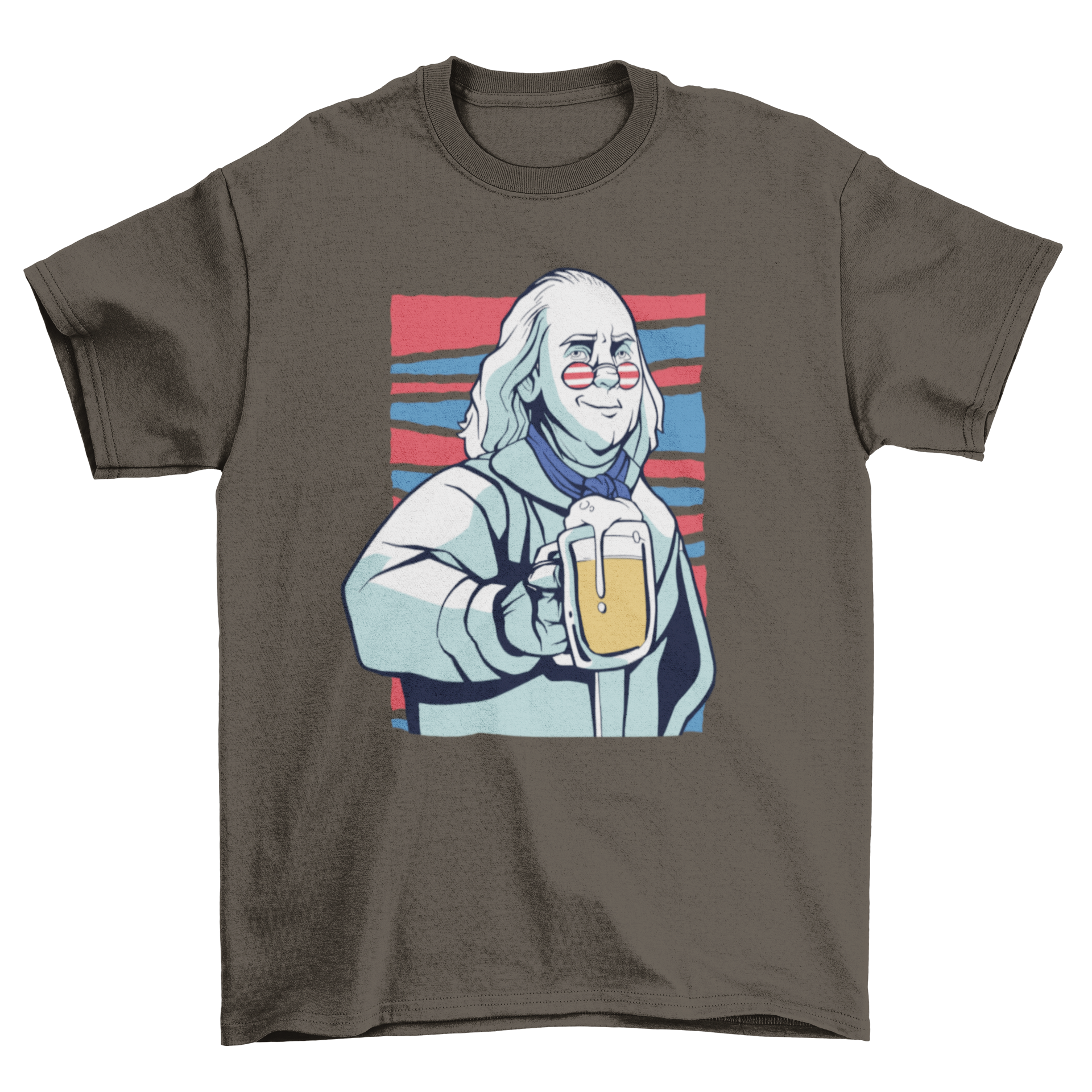 Franklin beer t-shirt featuring an illustration of Benjamin Franklin enjoying a beer, perfect for beer lovers and history enthusiasts.