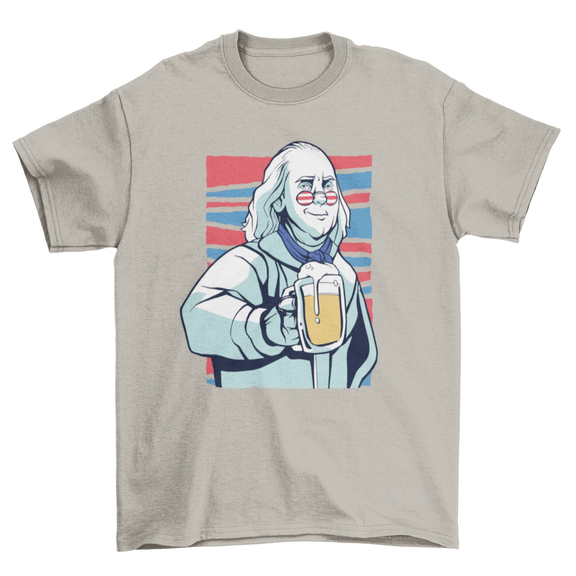 Franklin beer t-shirt featuring an illustration of Benjamin Franklin enjoying a beer, perfect for beer lovers and history enthusiasts.