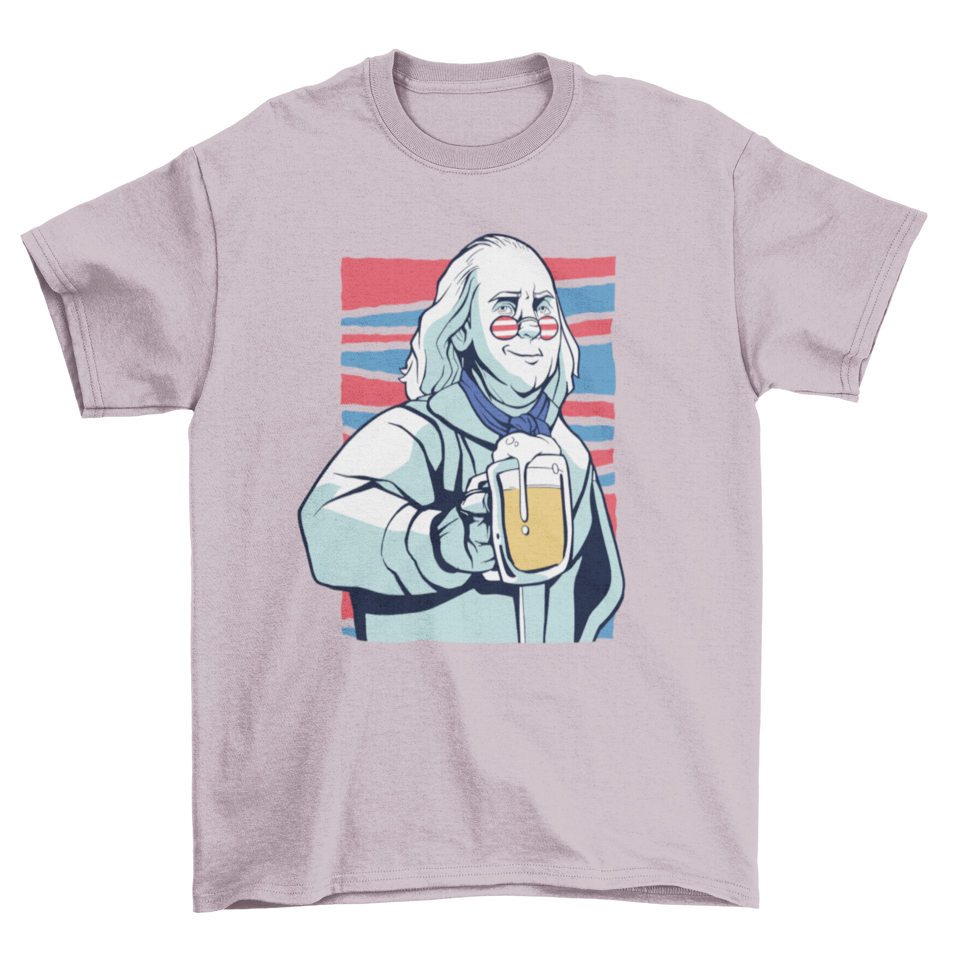 Franklin beer t-shirt featuring an illustration of Benjamin Franklin enjoying a beer, perfect for beer lovers and history enthusiasts.