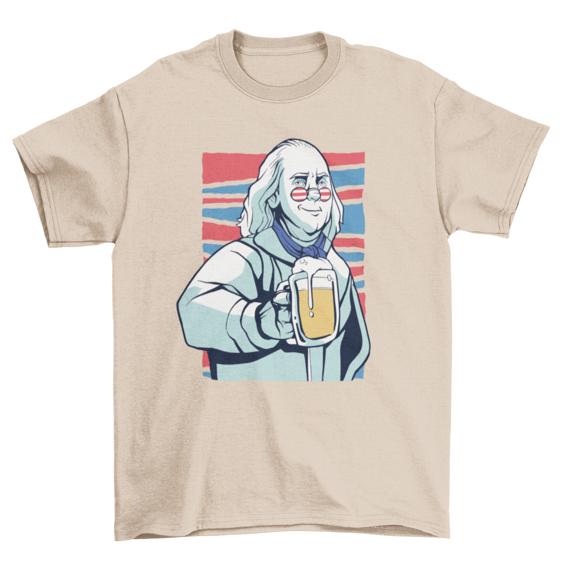 Franklin beer t-shirt featuring an illustration of Benjamin Franklin enjoying a beer, perfect for beer lovers and history enthusiasts.