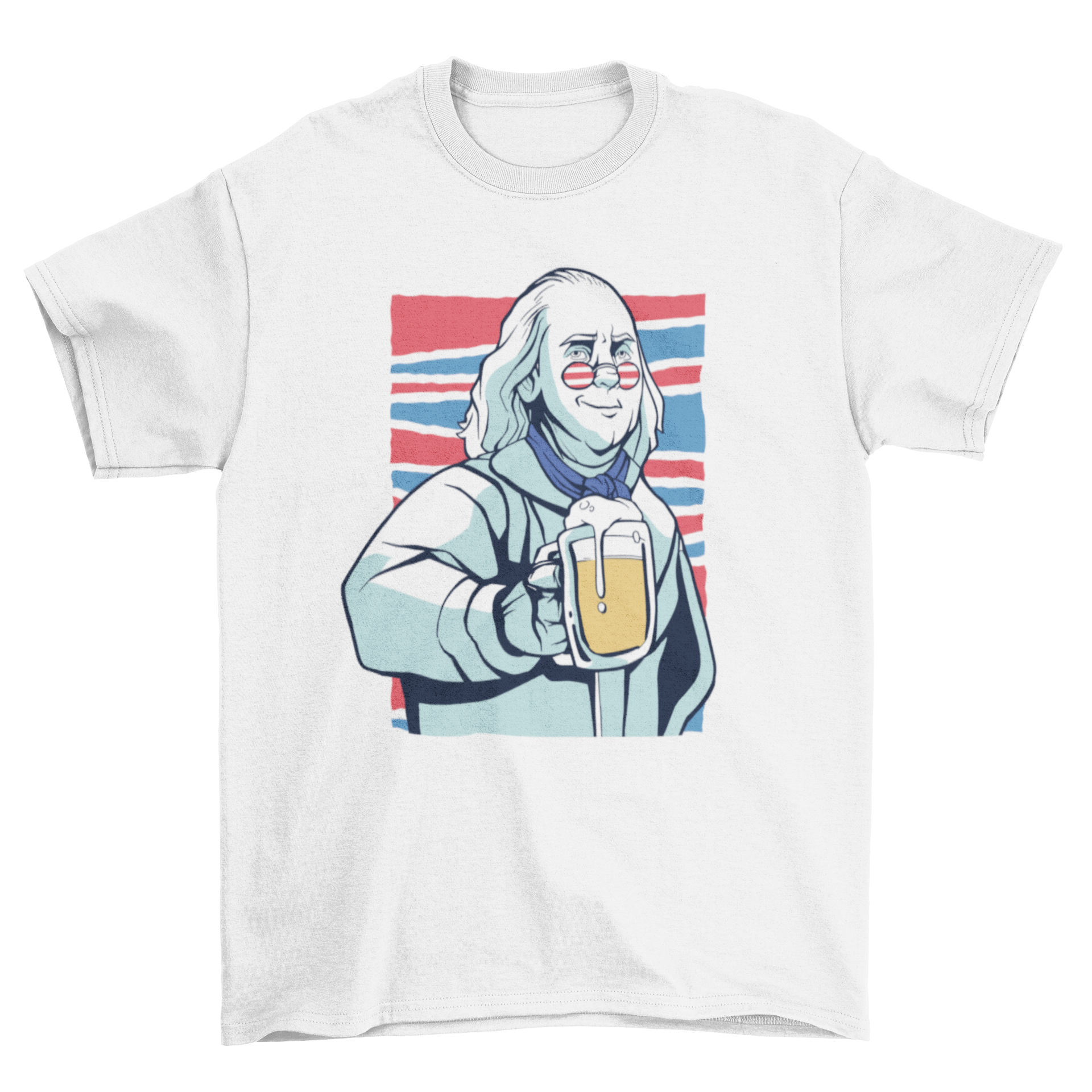 Franklin beer t-shirt featuring an illustration of Benjamin Franklin enjoying a beer, perfect for beer lovers and history enthusiasts.