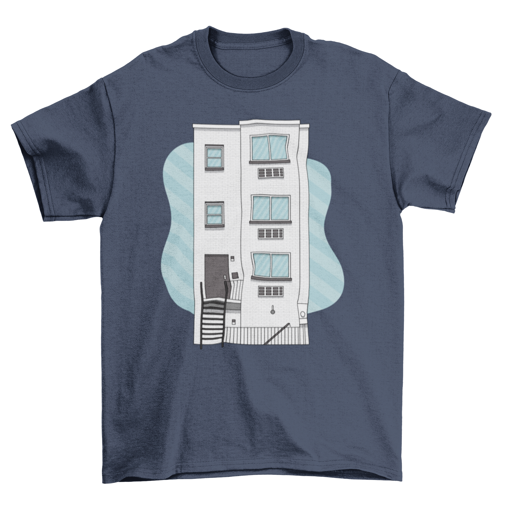 Frat building t-shirt featuring a colorful illustration of a three-story frat house, perfect for college students.