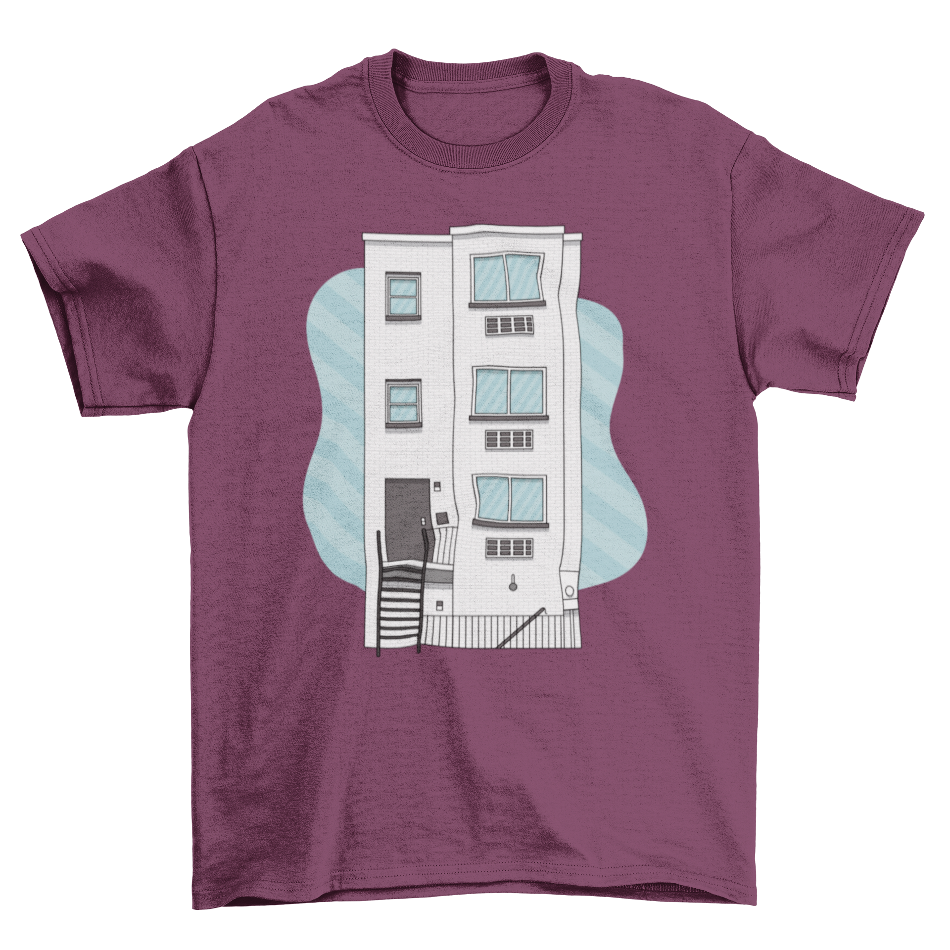 Frat building t-shirt featuring a colorful illustration of a three-story frat house, perfect for college students.