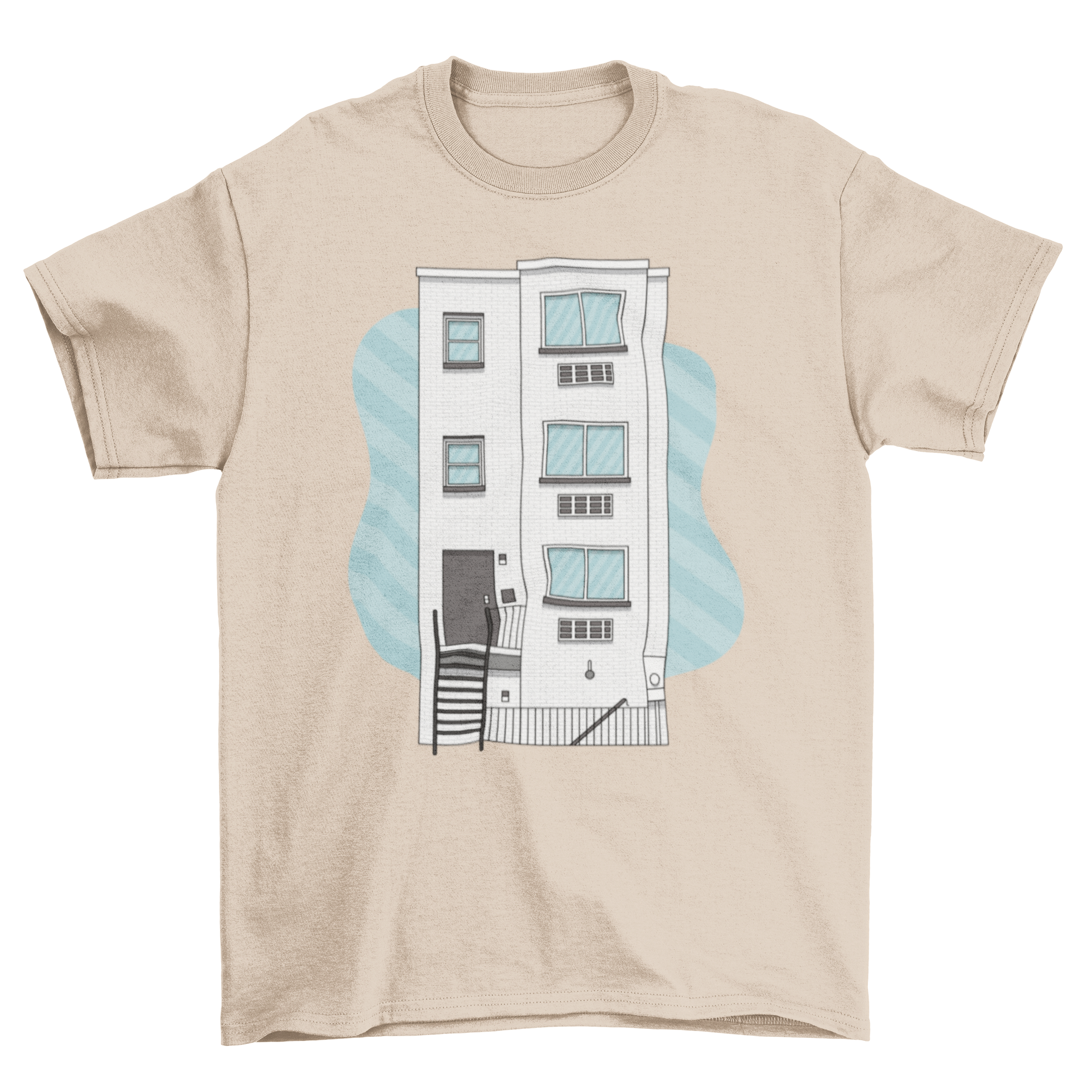 Frat building t-shirt featuring a colorful illustration of a three-story frat house, perfect for college students.